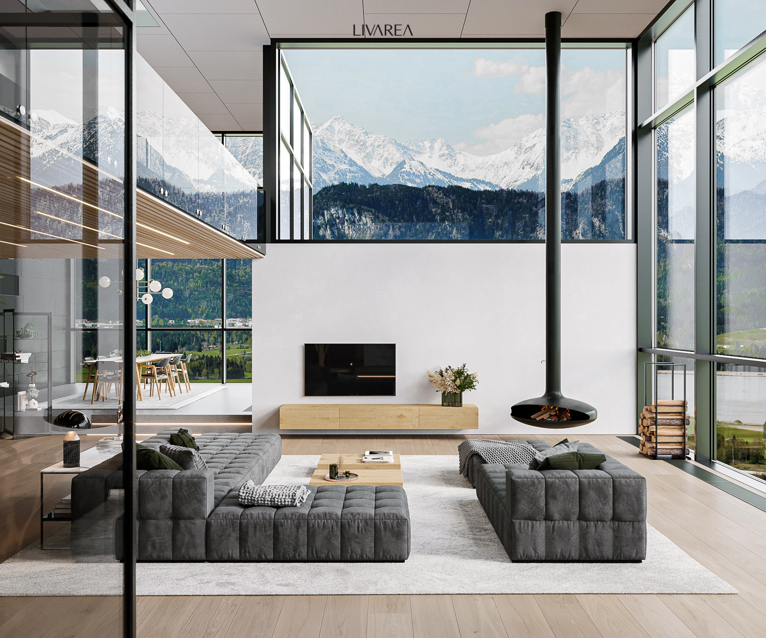 Villa de luxe avec salon ouvert et salle à manger ouverte avec table à manger Lowboard Big Sofa Console et tables basses Villa de luxe avec salon ouvert et salle à manger ouverte avec table à manger Lowboard Big Sofa Console et tables basses