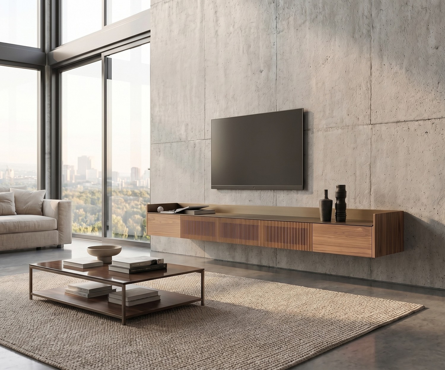 Meuble TV suspendu Punt Stockholm Slim Meuble TV suspendu Punt Stockholm Slim en bois avec plateau dore dans un salon moderne design.