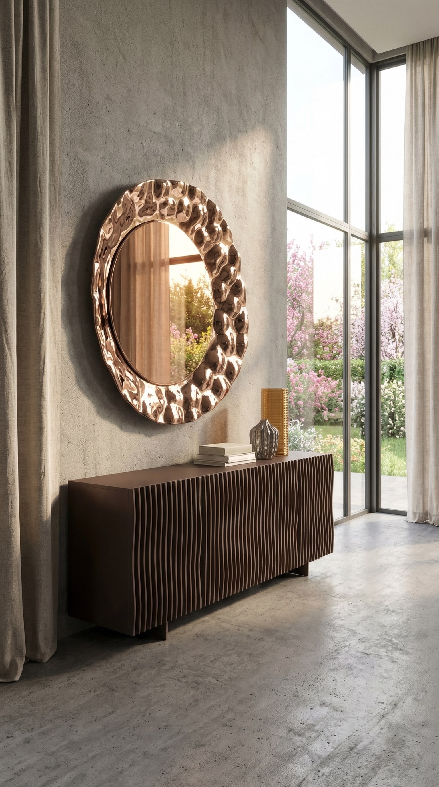 Salon avec un buffet marron dont la fa&ccedil;ade est compos&eacute;e d'ondes organiques, sous la chaude lumi&egrave;re du printemps.