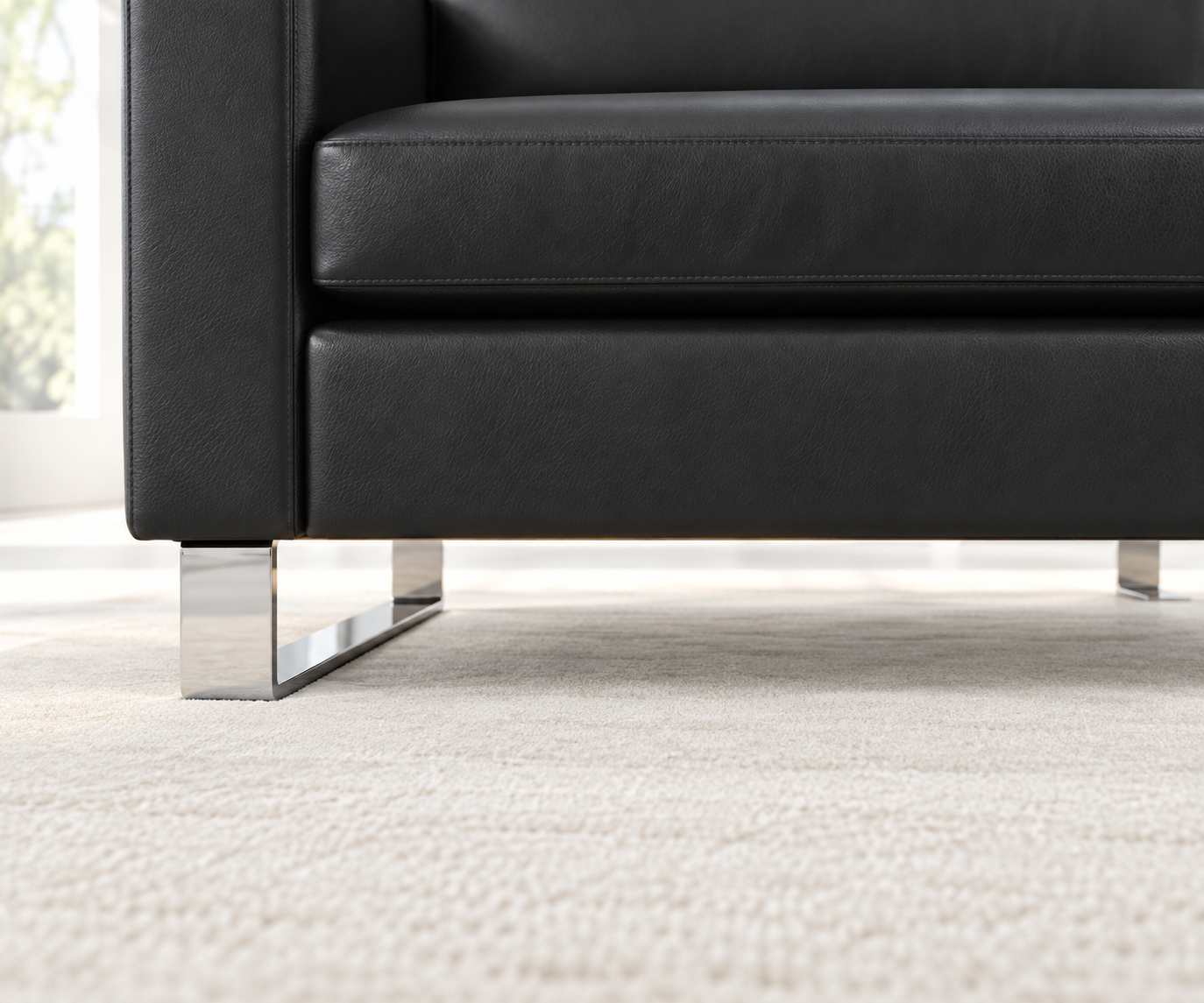 Livitalia Canapé Vinaro, 206 × 91 cm, Seminole 04 Noir, cuir véritable, piètement chromé – Garde au sol de 14 cm