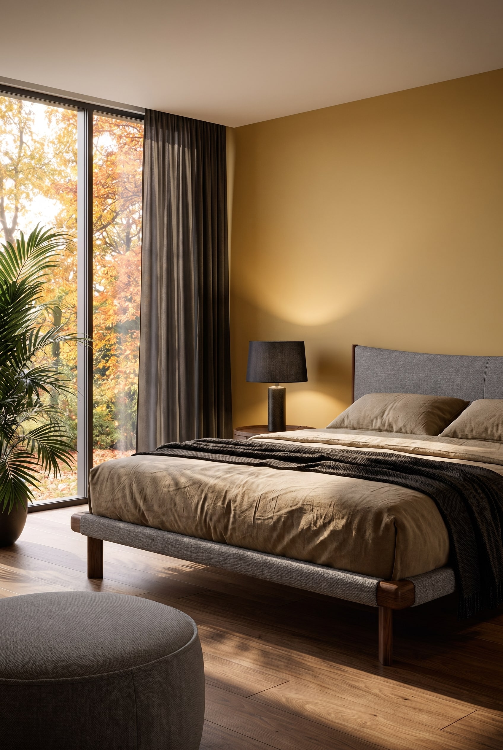 Modernes Schlafzimmer mit minimalistischem Holzbett und matt ockergelber Akzentwand