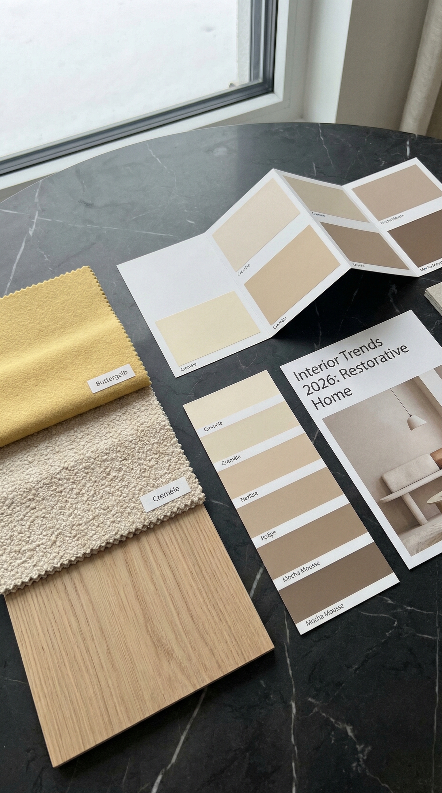 Moodboard avec &eacute;chantillons de tissus en jaune beurre, boucl&eacute; et bois clair