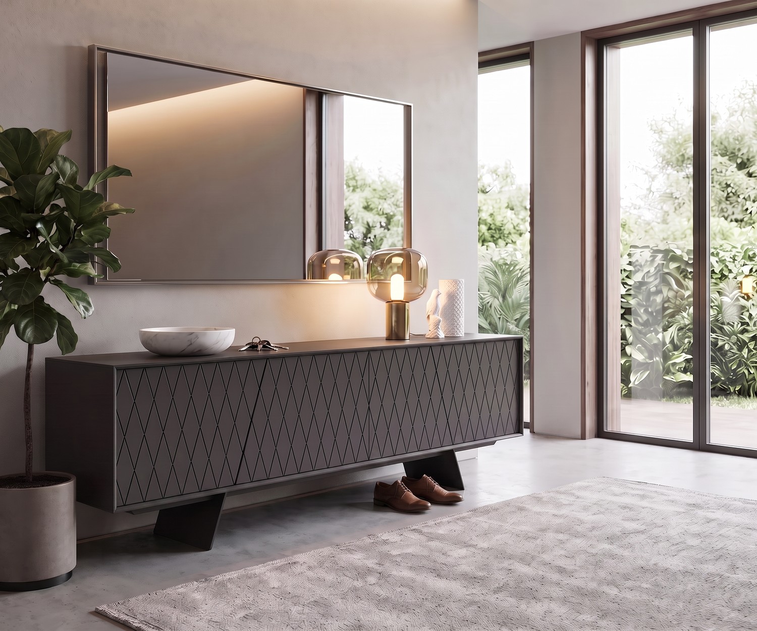 Buffet design al2 e-klipse 003 comme meuble d'entrée gris foncé à motif losanges dans un hall d'entrée chic et moderne.