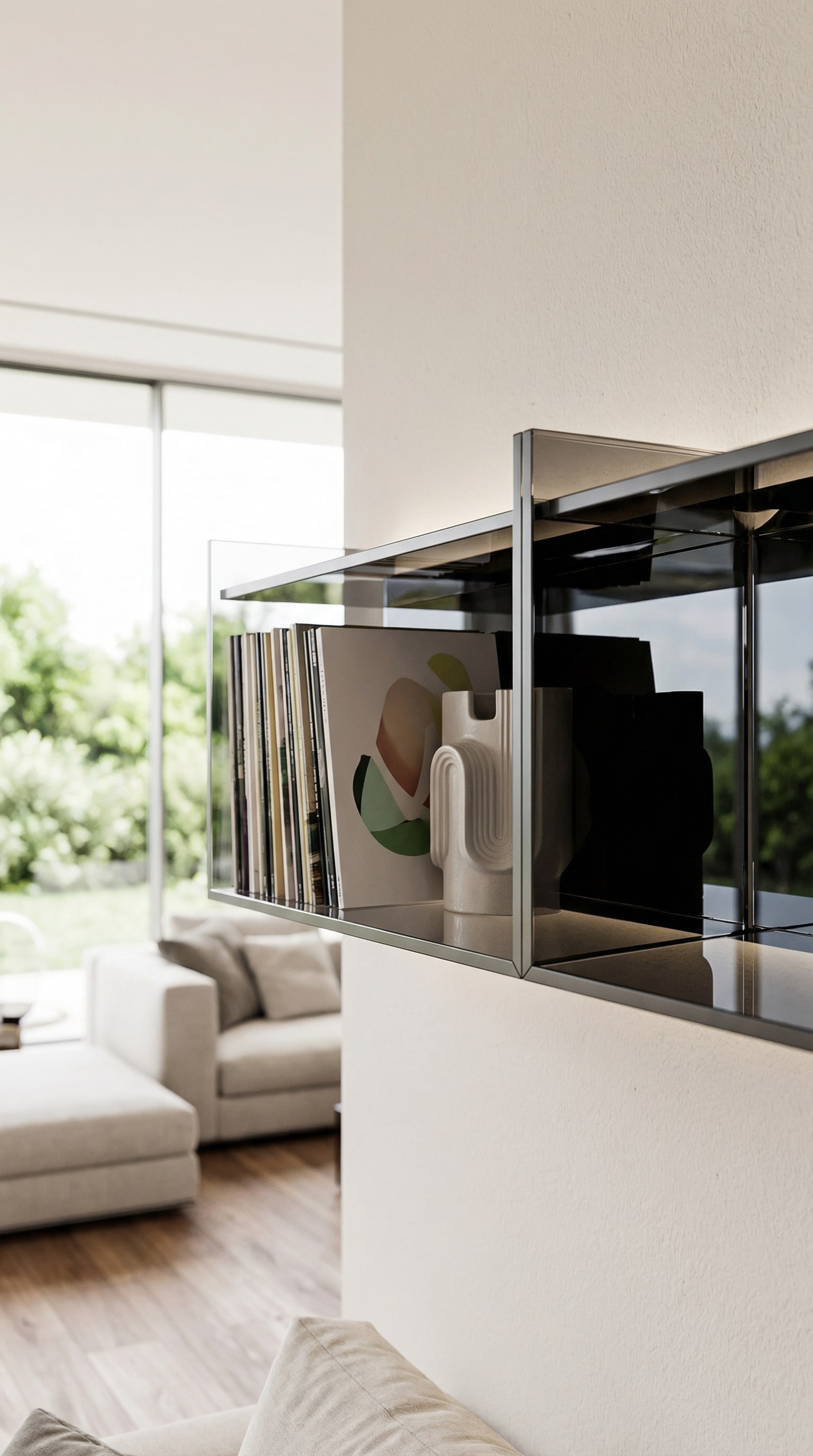 &Eacute;tag&egrave;re murale &eacute;l&eacute;gante en verre dans un salon baign&eacute; de soleil