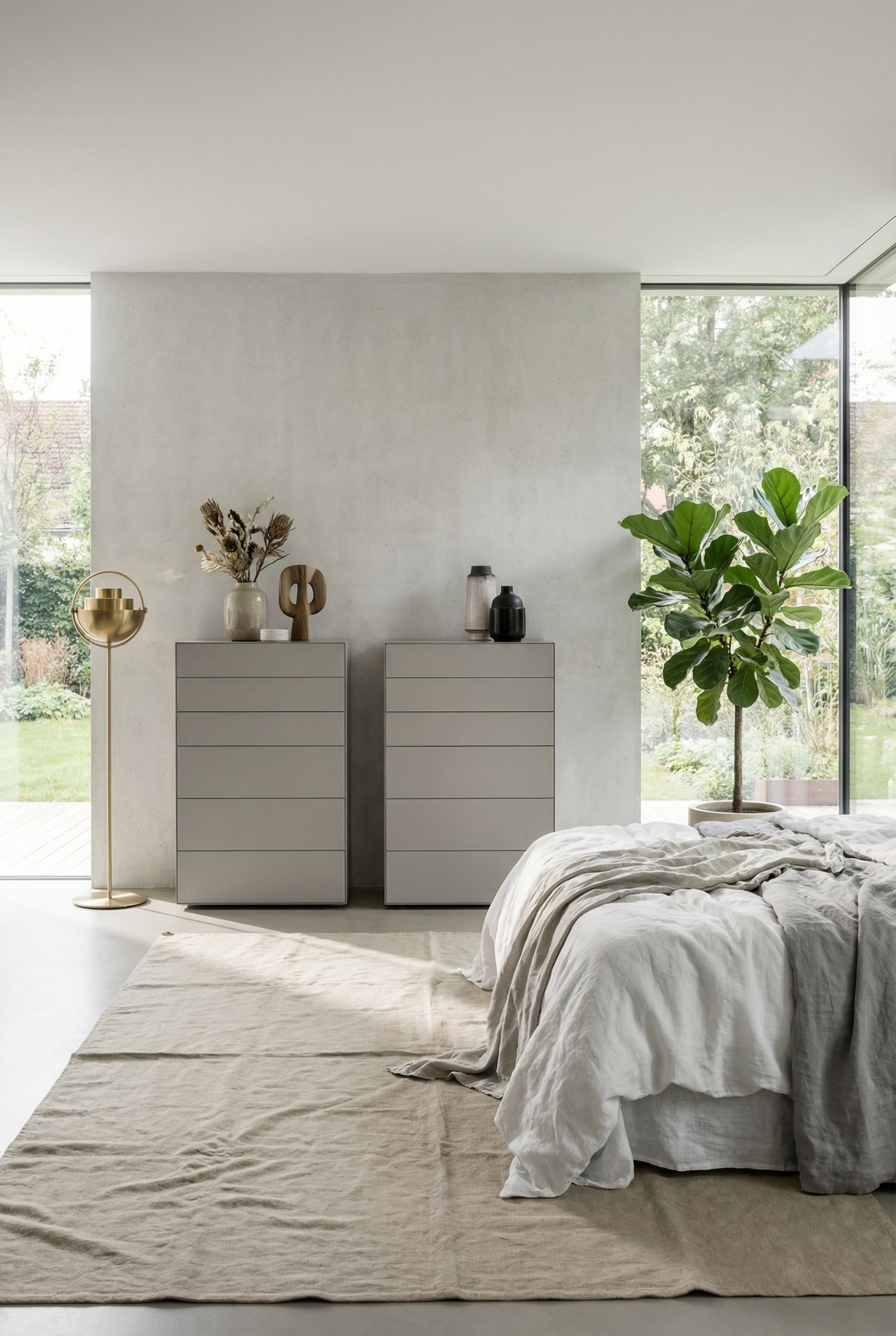 Deux commodes hautes modernes arrangées symétriquement avec un peu d'espace sur un mur pour aérer la pièce Deux commodes hautes modernes arrangées symétriquement avec un peu d'espace sur un mur pour aérer la pièce