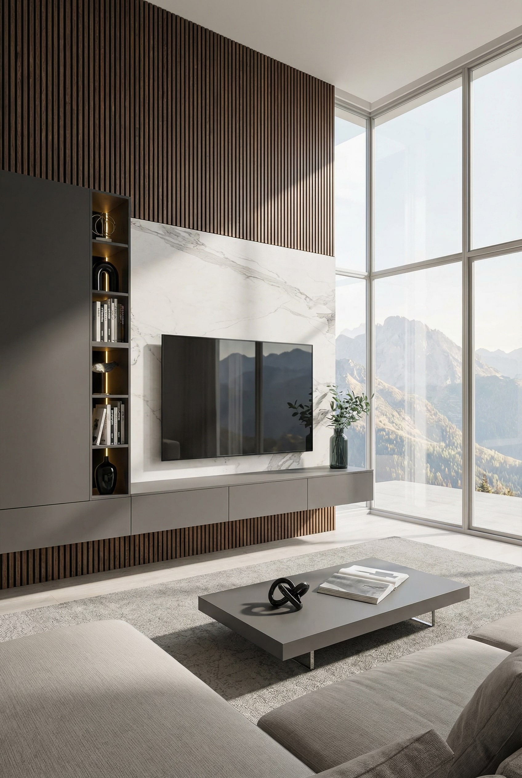Meuble mural luxueux avec façades en céramique aspect marbre et lamelles de bois Meuble mural luxueux avec façades en céramique aspect marbre et lamelles de bois
