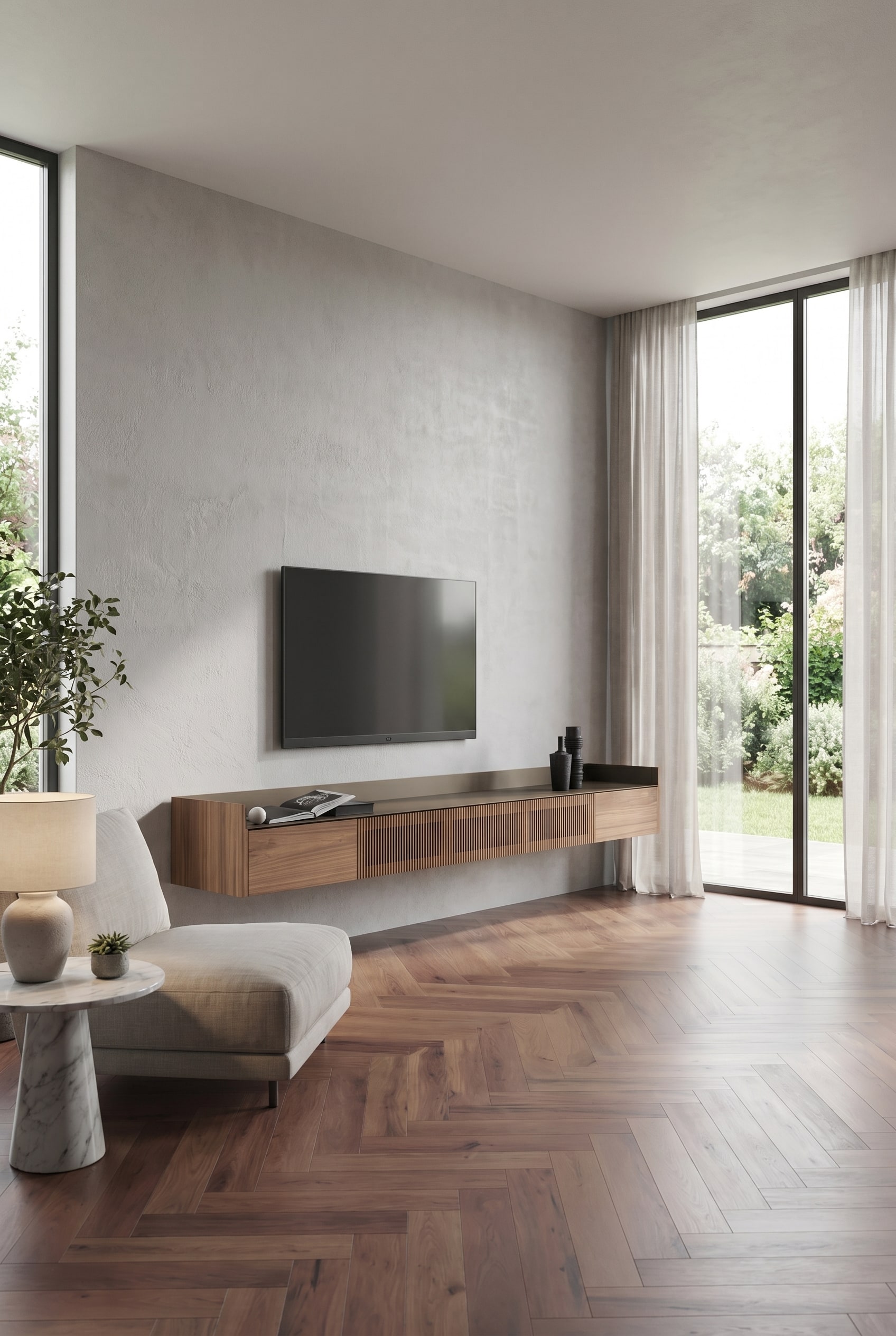 Elegantes schwebendes TV-Sideboard aus Holz in einem lichtdurchfluteten, minimalistischen Wohnzimmer