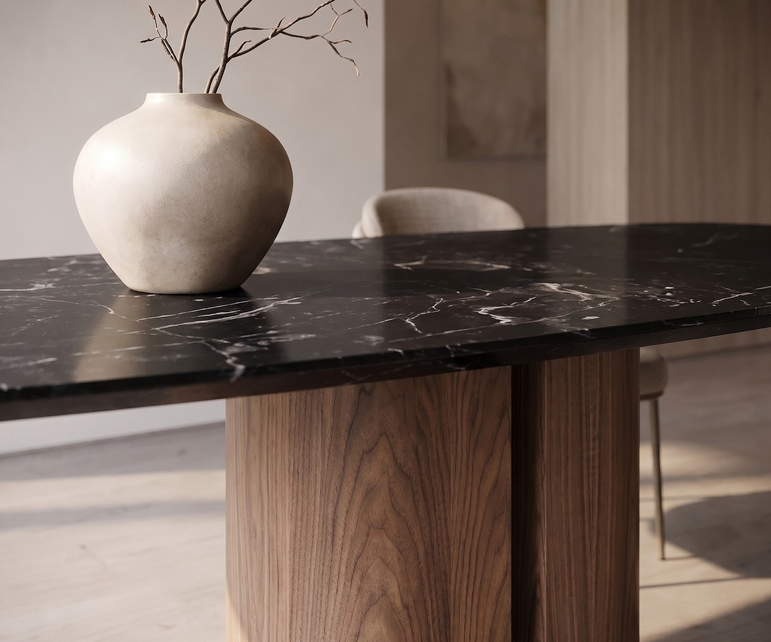 Table à manger design al2 el-it c 001 avec pied en bois et céramique Table de repas al2 el-it c 001 pour salle à manger avec plateau en céramique marbre noir et piètement en bois.