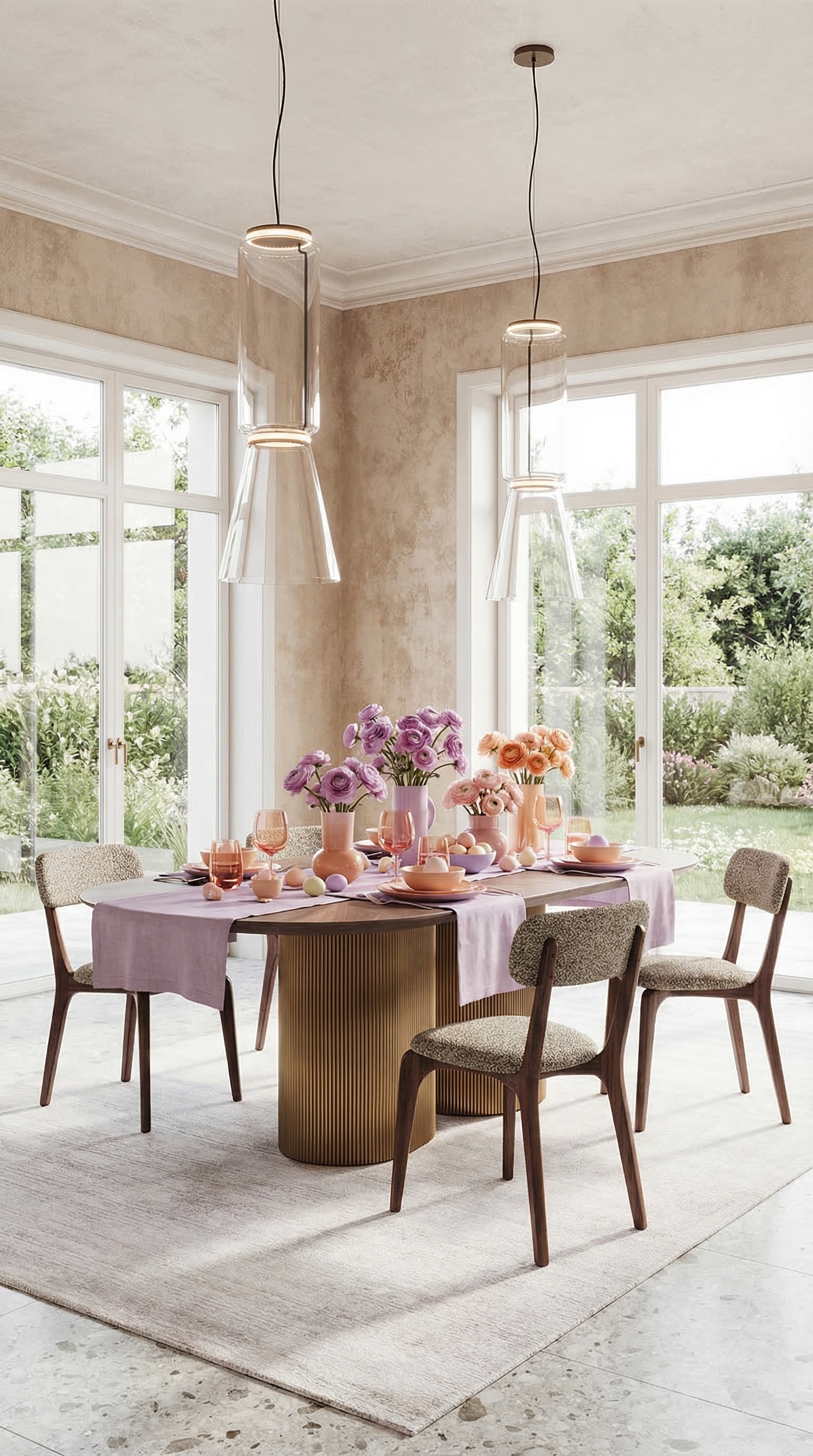 Une table à manger moderne dressée dans les couleurs pastel lilas et pêche avec des verres teintés. Une table à manger moderne dressée dans les couleurs pastel lilas et pêche avec des verres teintés.