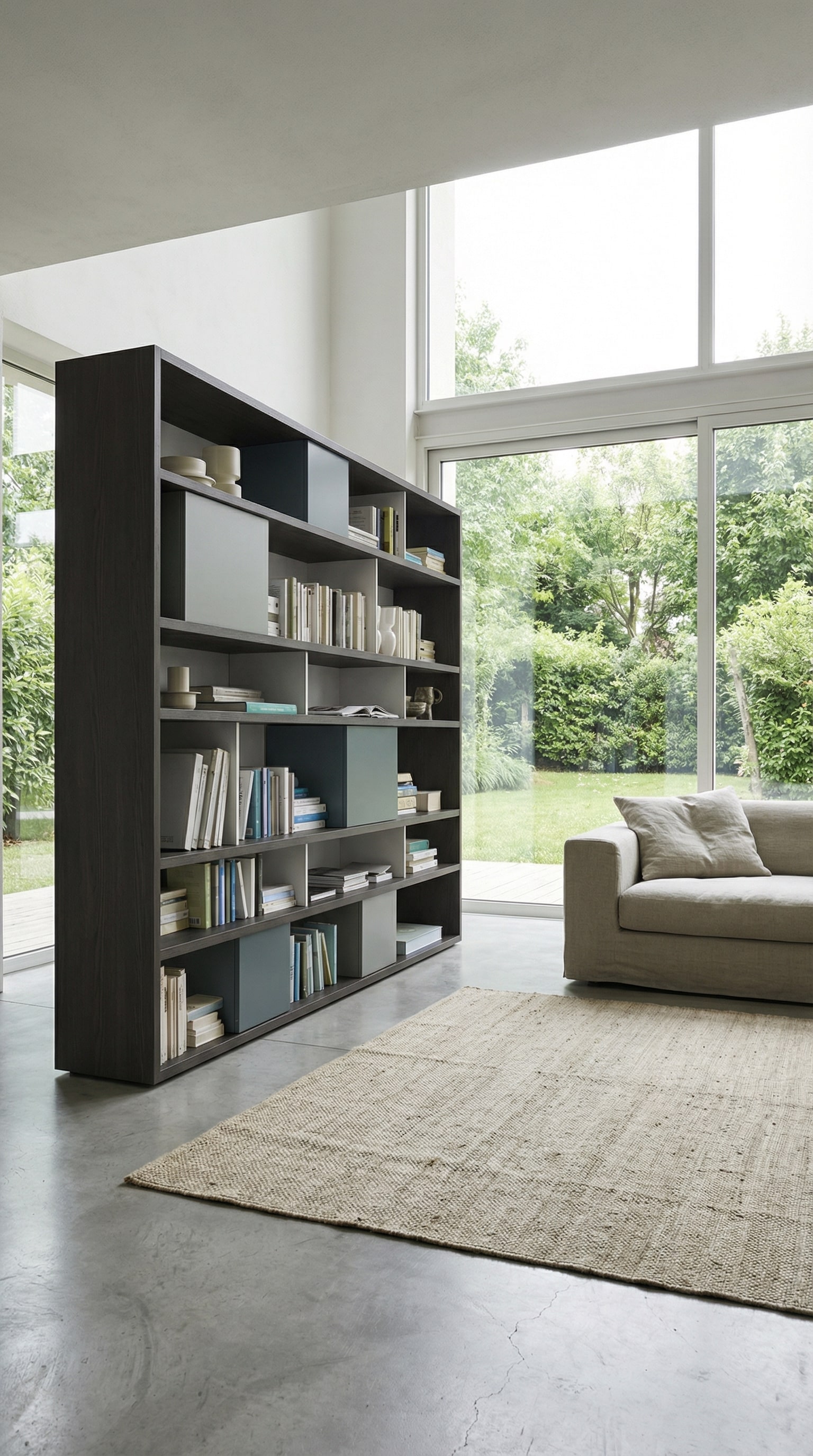 Étagère à livres en bois filigrane dans un salon moderne avec de grandes fenêtres Étagère à livres en bois filigrane dans un salon moderne avec de grandes fenêtres