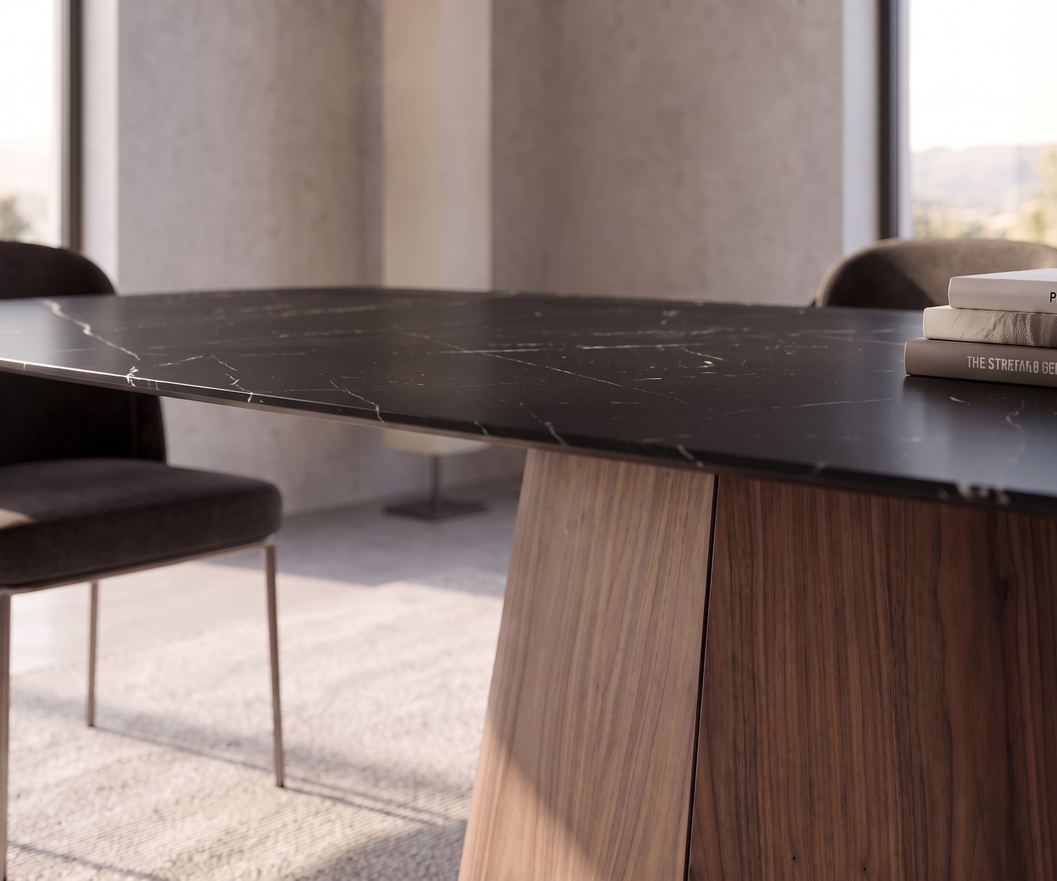 Table de repas al2 tessera 001 dans une salle à manger moderne, avec plateau en céramique noire effet marbre et piètement bois.