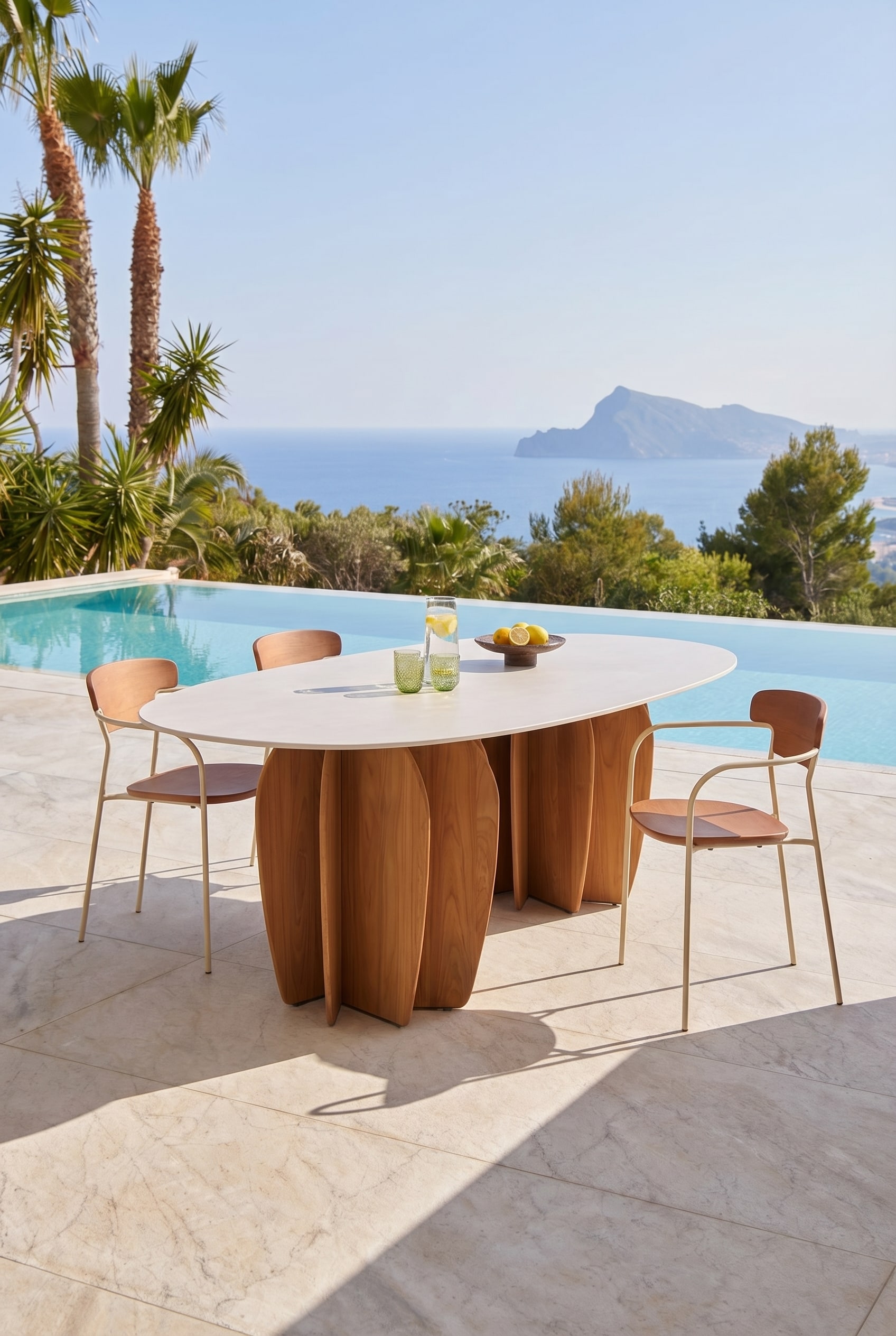 Grande table à manger d'extérieur avec pieds sculpturaux en bois sur une terrasse ensoleillée Grande table à manger d'extérieur avec pieds sculpturaux en bois sur une terrasse ensoleillée