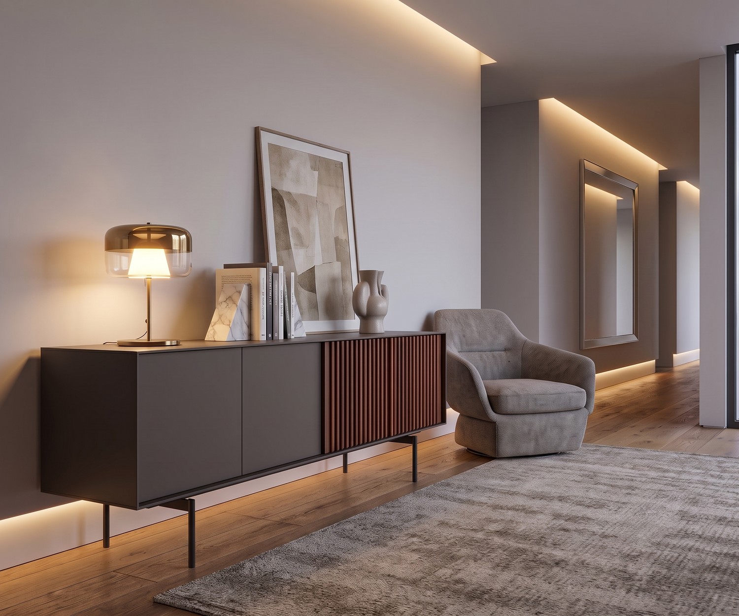 Buffet design noyer gris foncé laqué mat Portes avec technique push pull