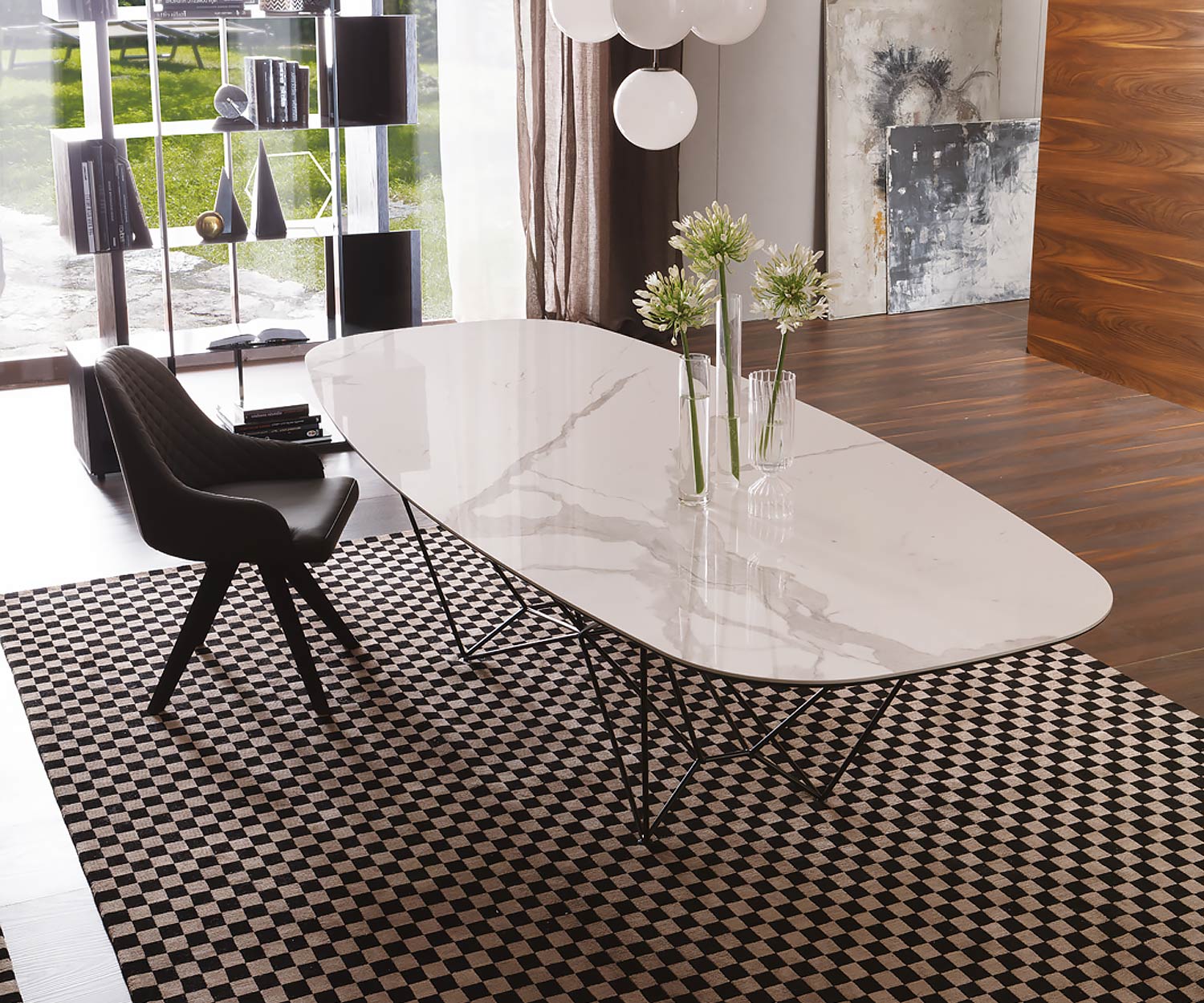 Table de salle à manger design Ozzio Fil8 plateau ovale verre céramique blanc piètement acier