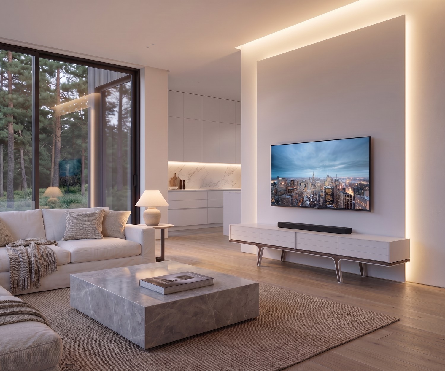 Meuble TV bas al2 Mobius 004 blanc dans un salon moderne, idéal pour ranger sous la télévision.