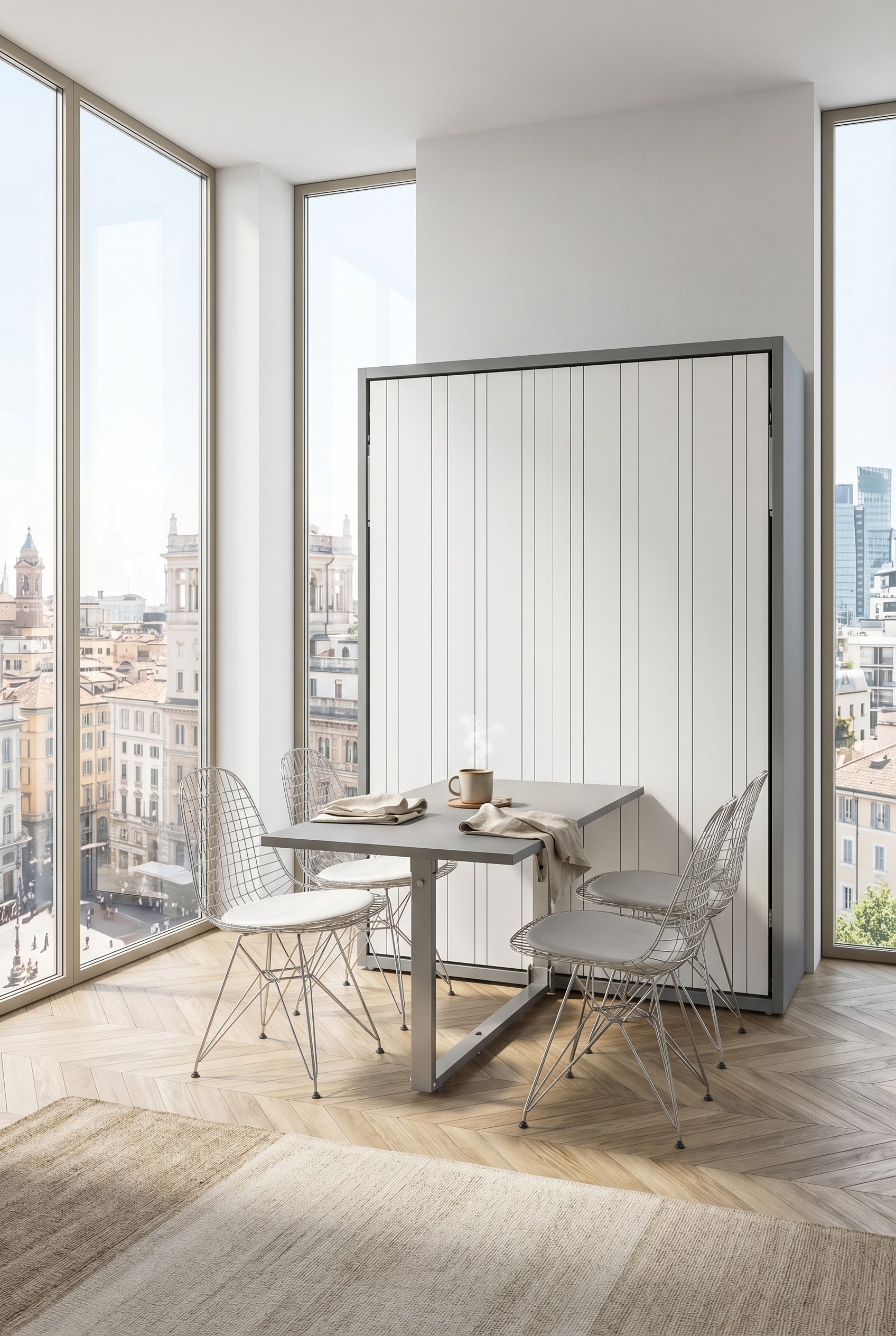 Une salle &agrave; manger &eacute;l&eacute;gante avec une grande table &agrave; manger intelligemment int&eacute;gr&eacute;e dans la fa&ccedil;ade d'un lit mural ferm&eacute;.