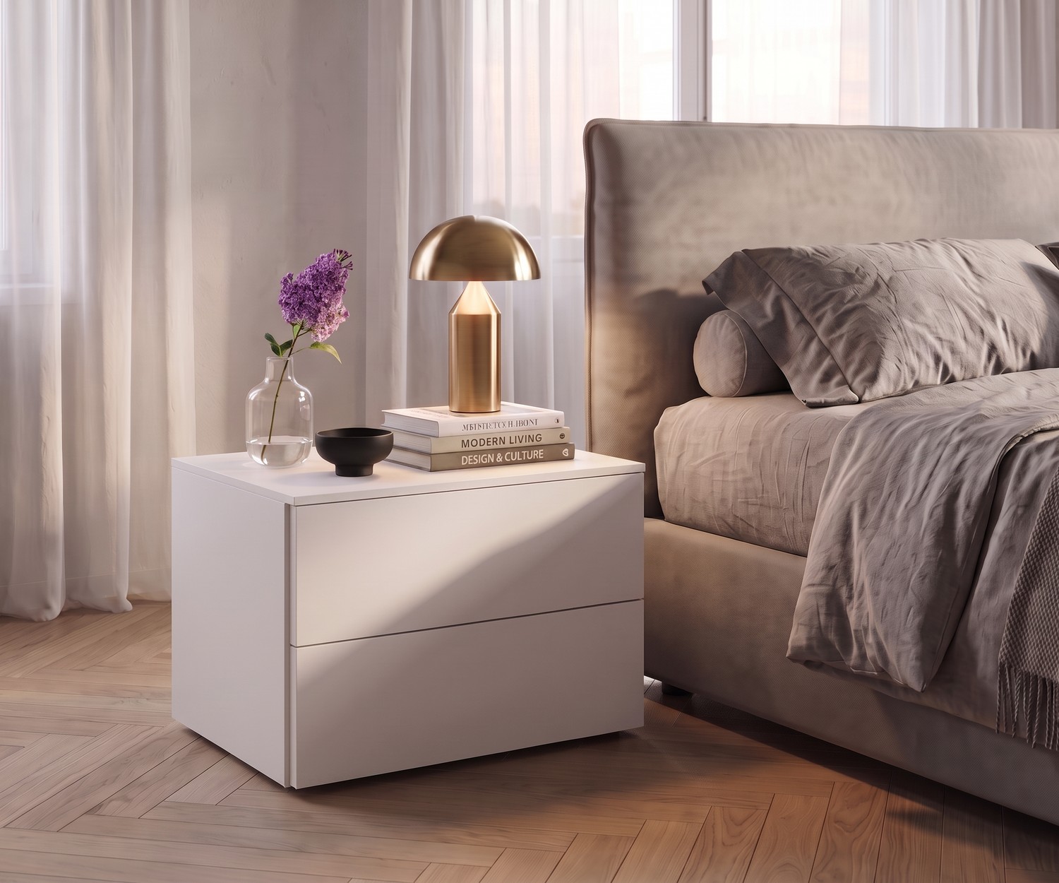 Table de chevet Livitalia Atena avec tiroirs pour la chambre, table de nuit blanche moderne à côté d'un lit beige