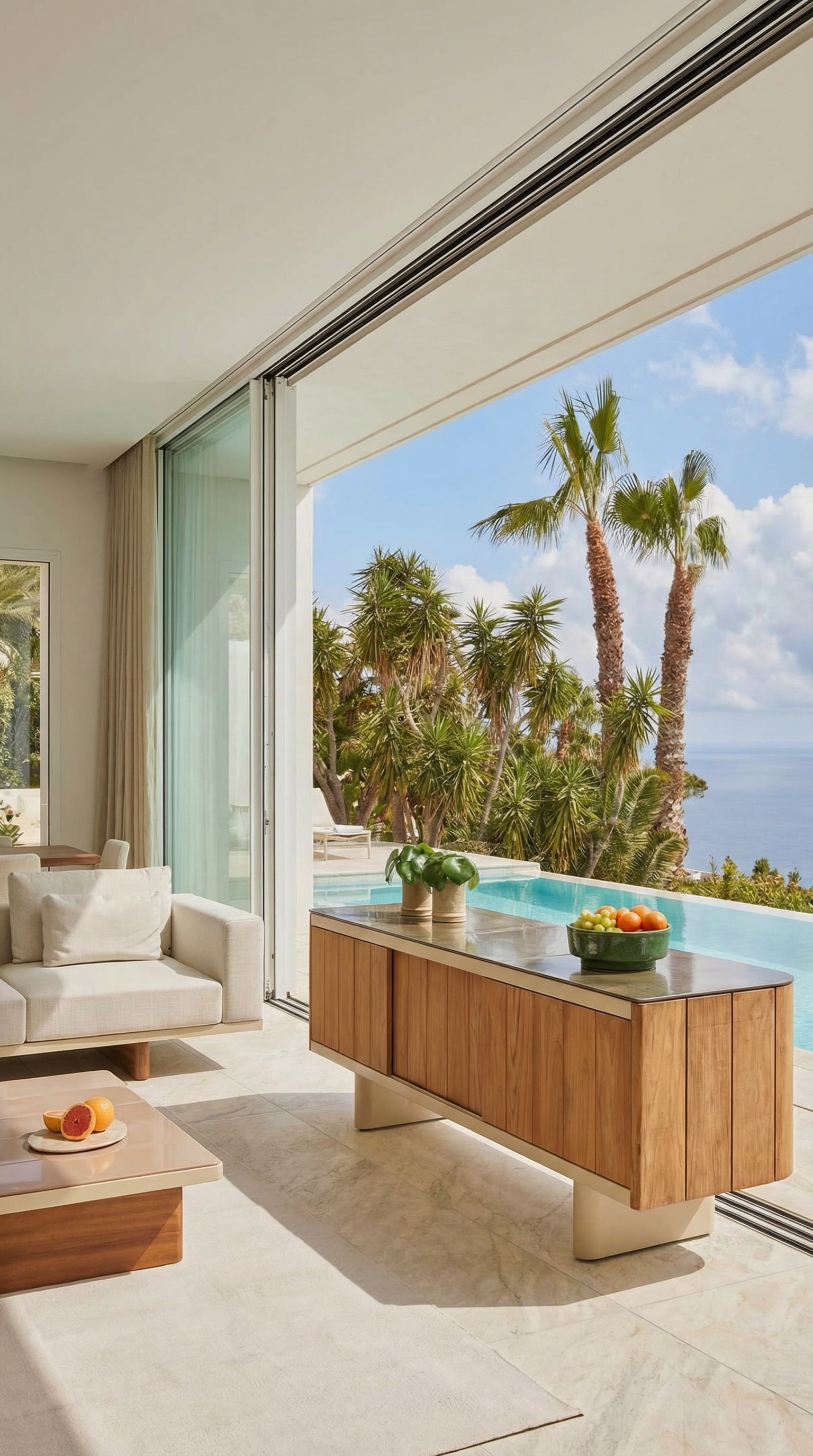 Buffet d'ext&eacute;rieur luxueux en teck sur une terrasse ensoleill&eacute;e avec vue sur la mer.