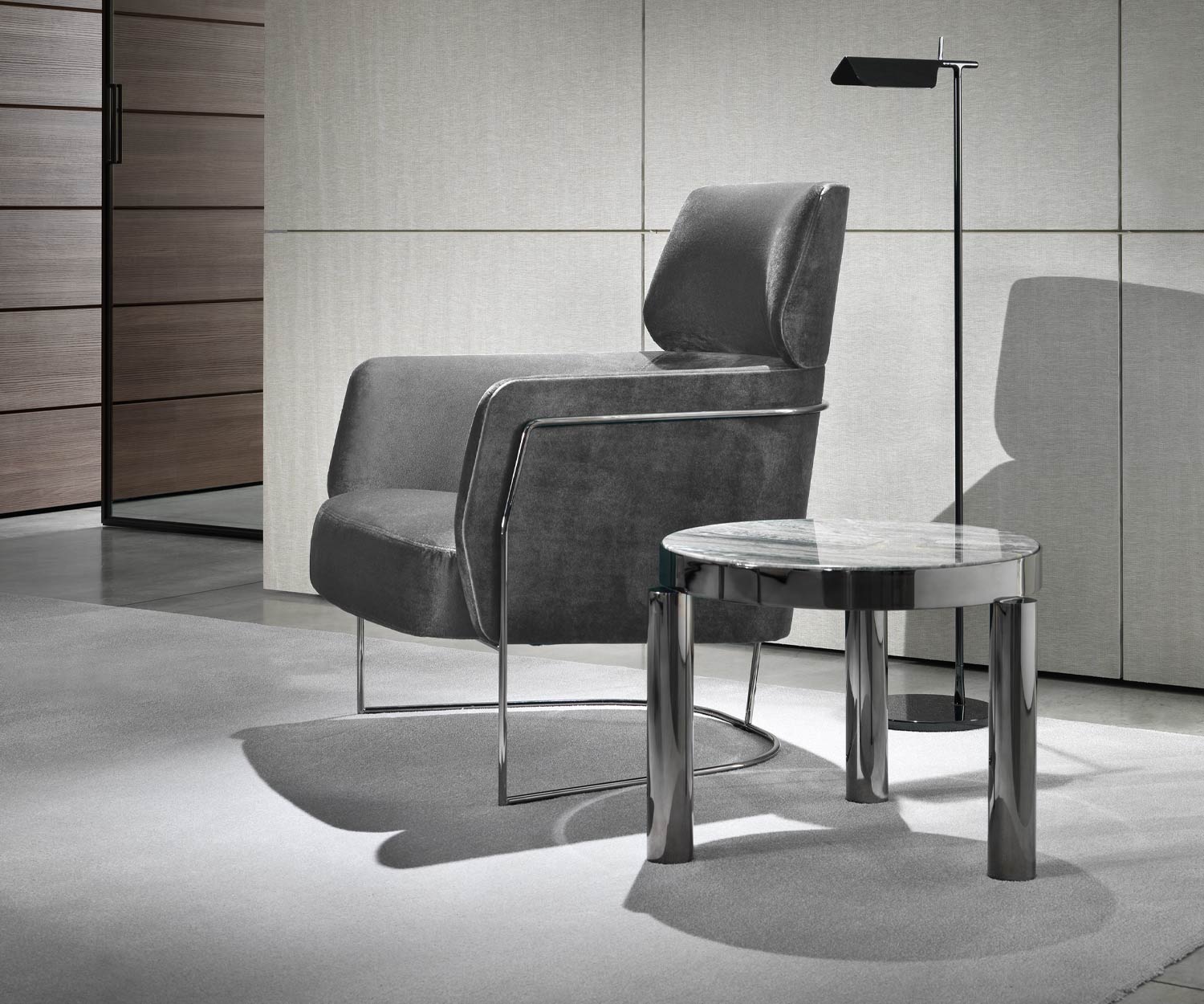 Exclusif Marelli Nest Fauteuil design piètement métallique chromé noir Exclusif Marelli Nest Fauteuil design piètement métallique chromé noir