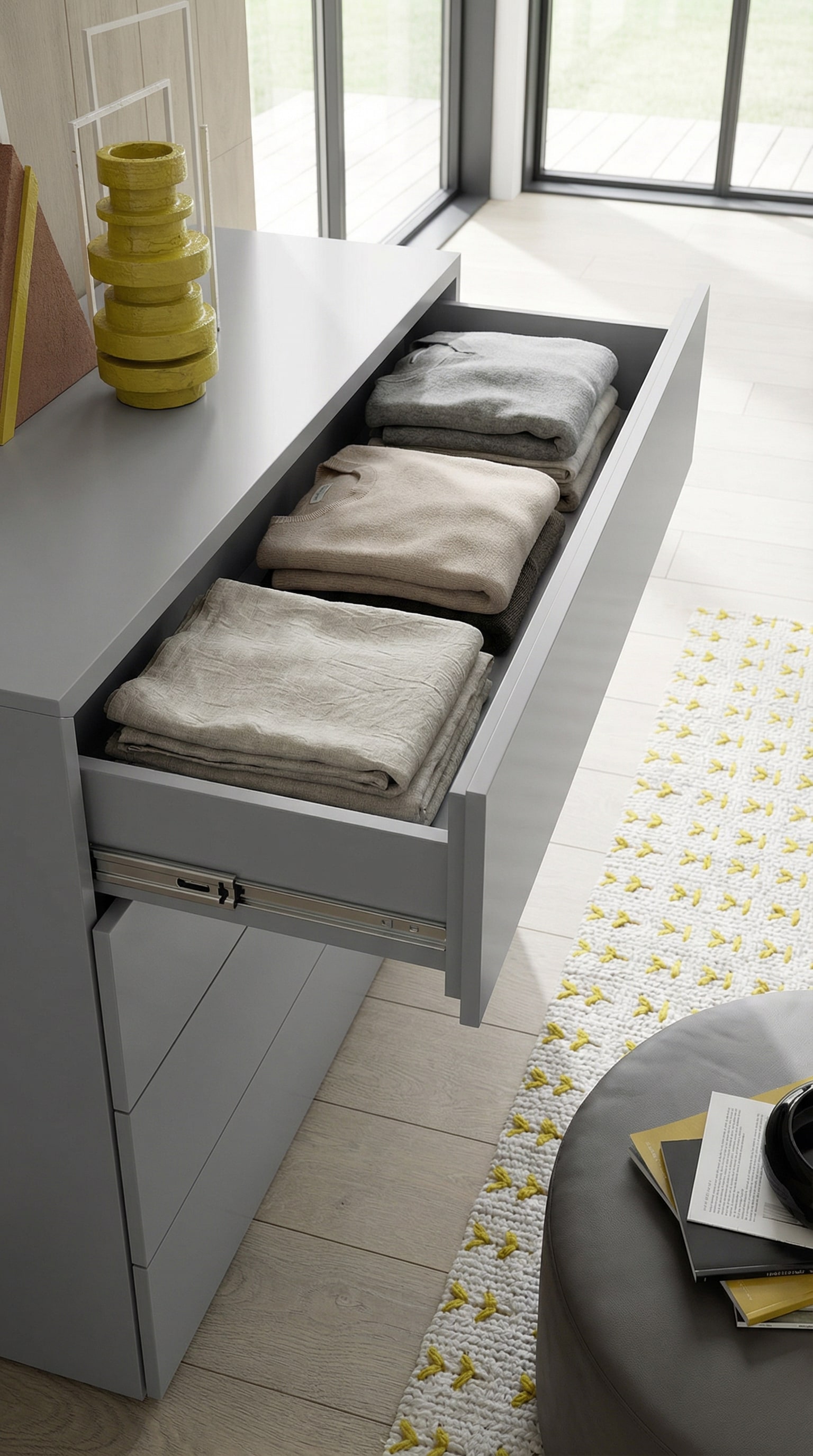 Commode design sans poign&eacute;e ouverte avec coulissant total, v&ecirc;tements parfaitement pli&eacute;s et jeux sym&eacute;triques