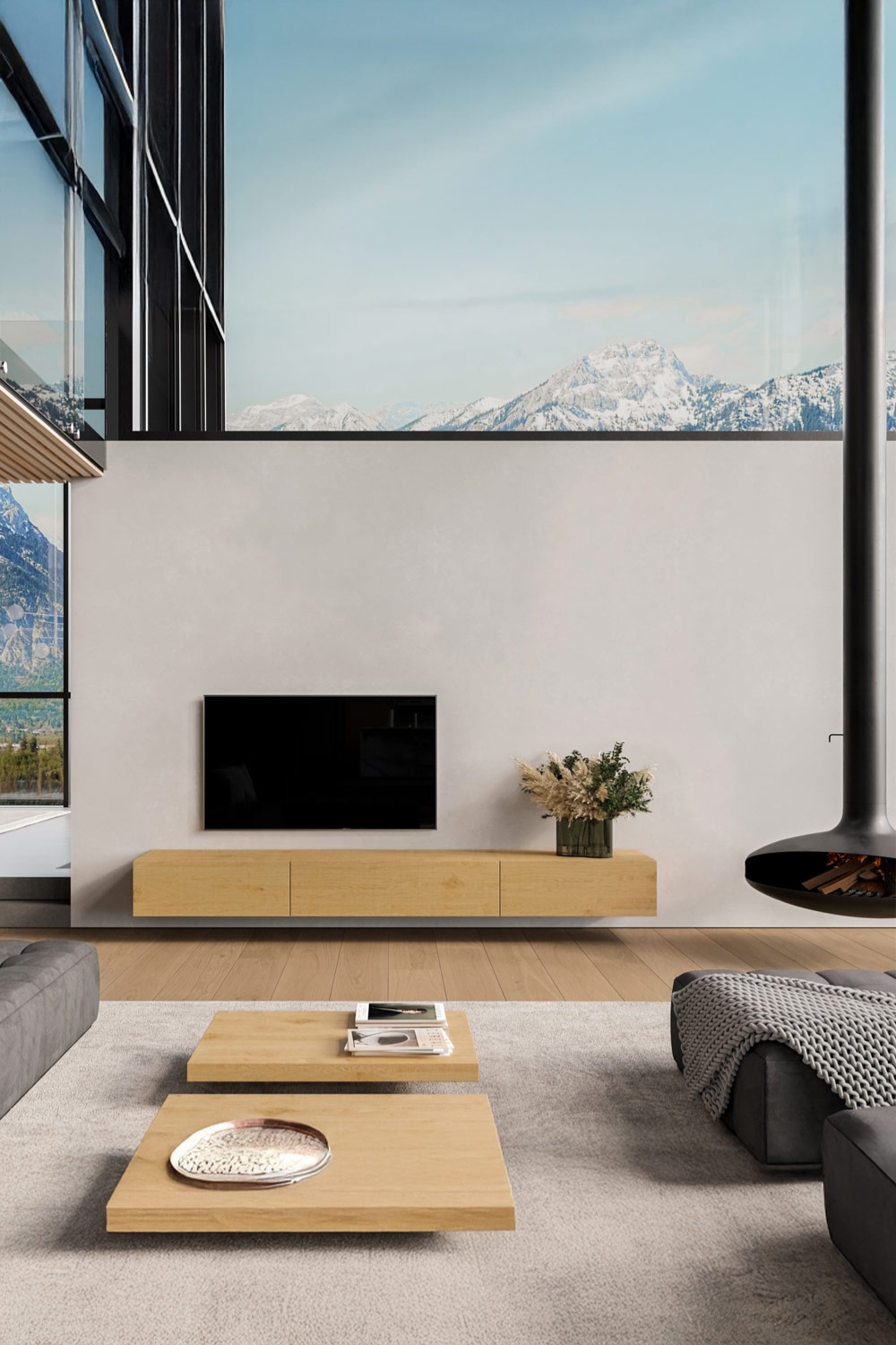 salon aux tons naturels avec meuble bas et tables basses dans des nuances de bois