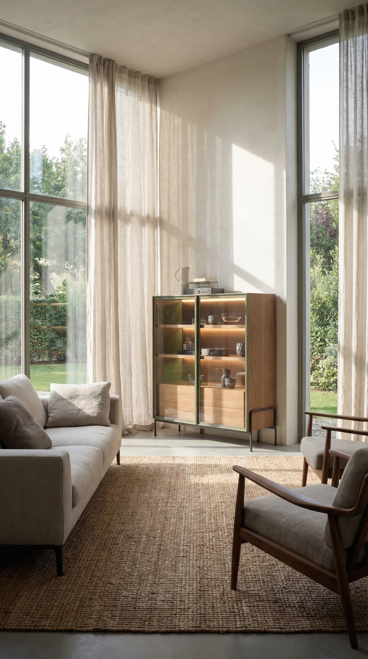 Highboard Novamobili Belt avec des d&eacute;tails en bois et en m&eacute;tal dans une ambiance de vie &eacute;l&eacute;gante.