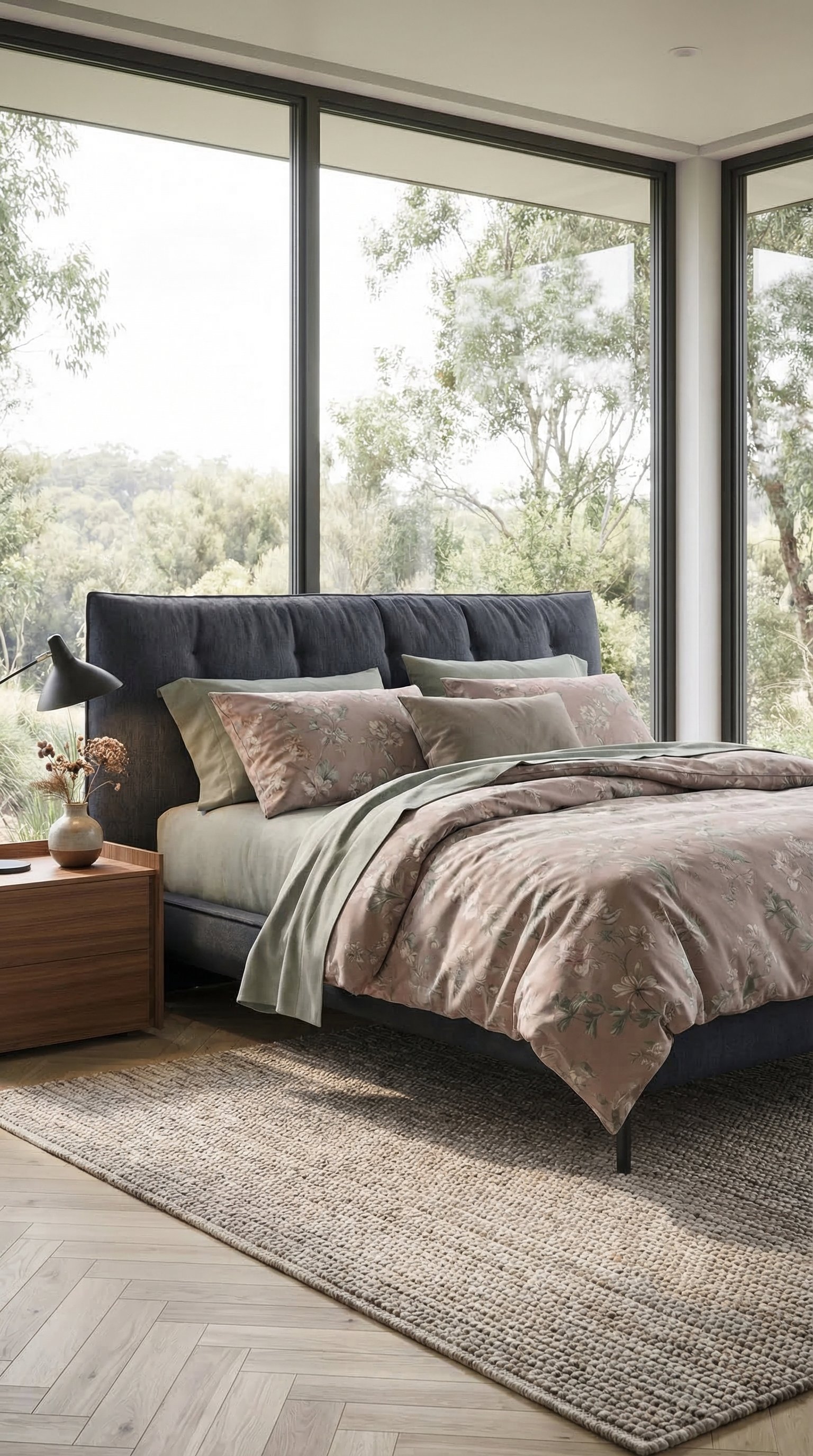 chambre-moderne-romantique-literie-motif-floral-discret chambre-moderne-romantique-literie-motif-floral-discret