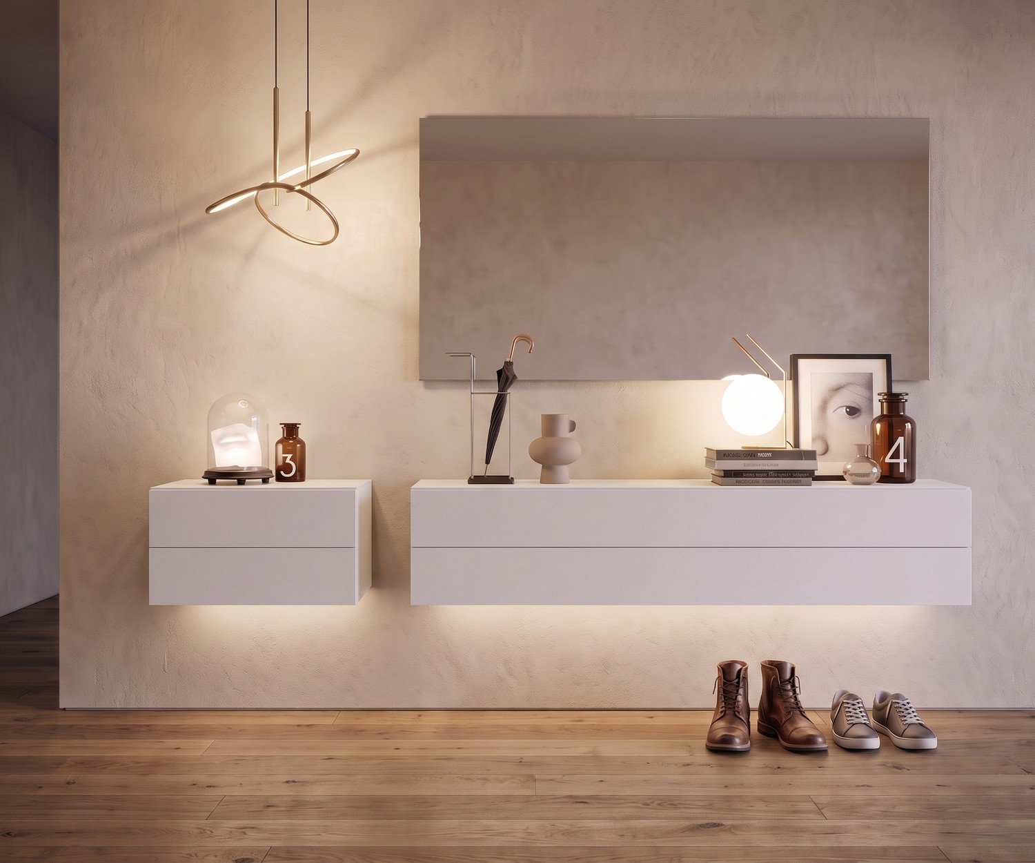 Commode suspendue Novamobili Easy pour l'entrée, buffet mural blanc avec éclairage LED dans un hall moderne.
