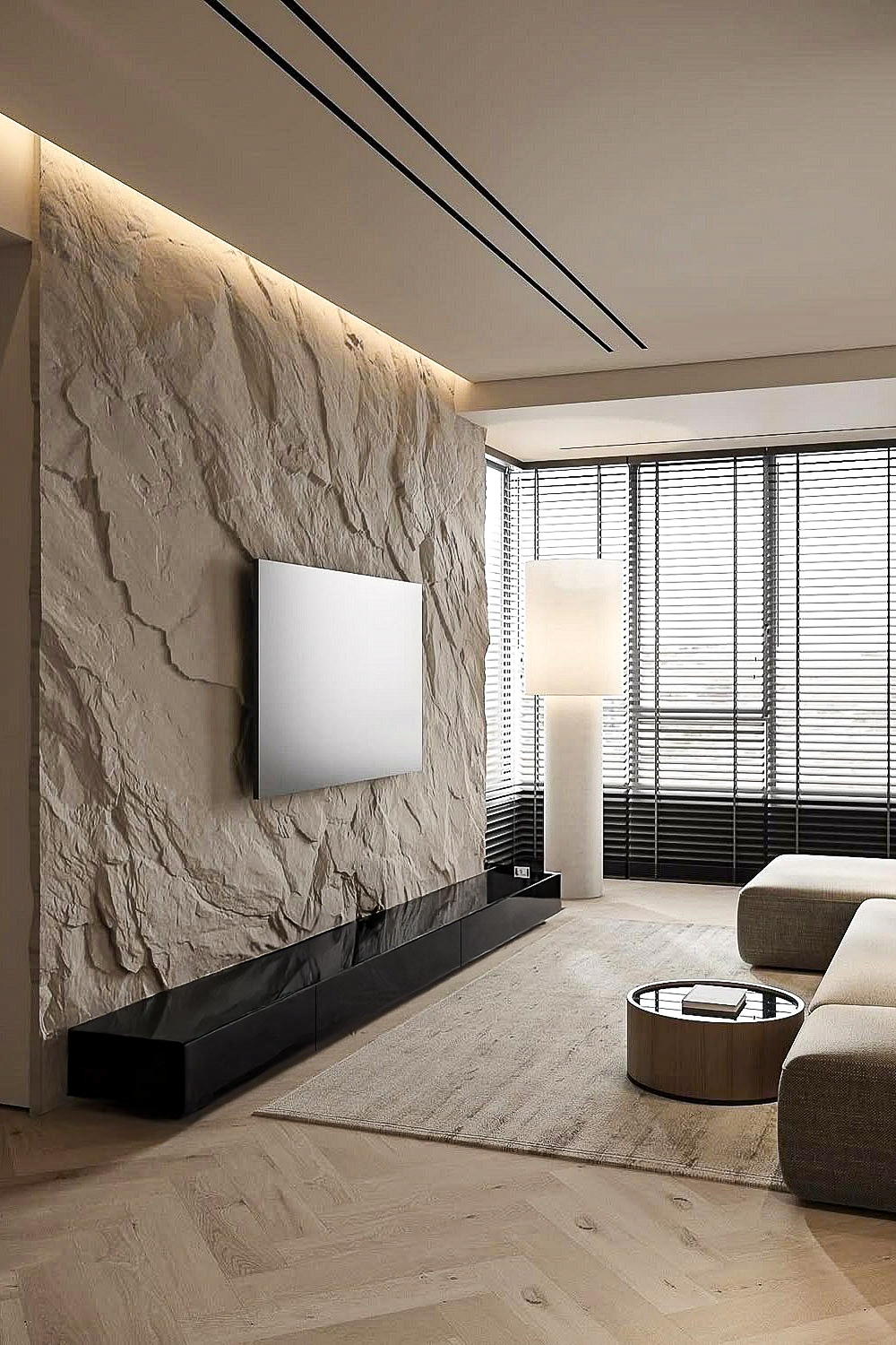salon uniformément beige avec quelques accents noirs