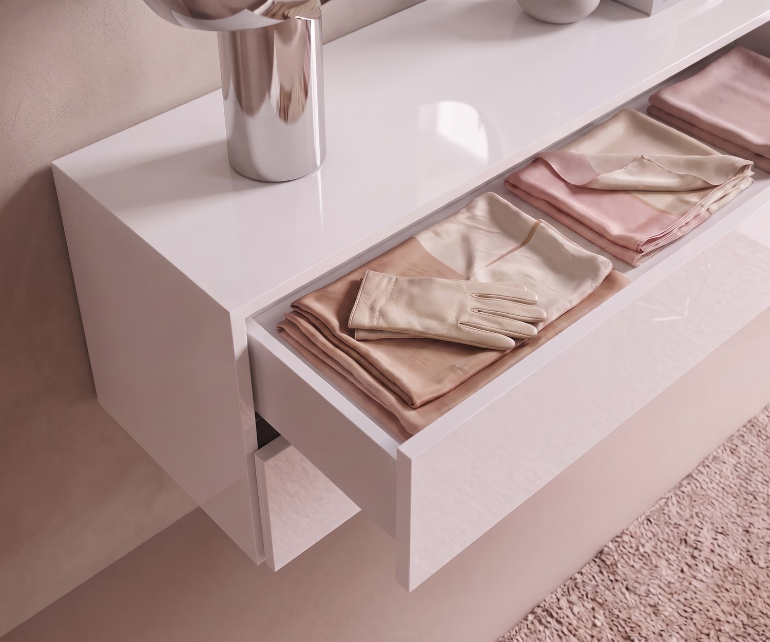 Commode suspendue Novamobili Easy Commode suspendue Novamobili Easy blanche brillante pour chambre chic, design italien moderne avec tiroir ouvert.
