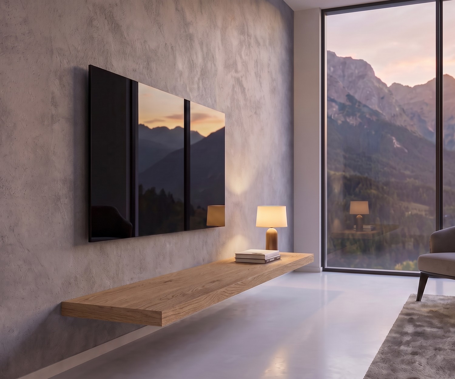 Banc TV suspendu en chêne Livitalia Banc TV suspendu Livitalia en chêne comme meuble bas flottant dans un salon minimaliste avec vue sur la montagne.