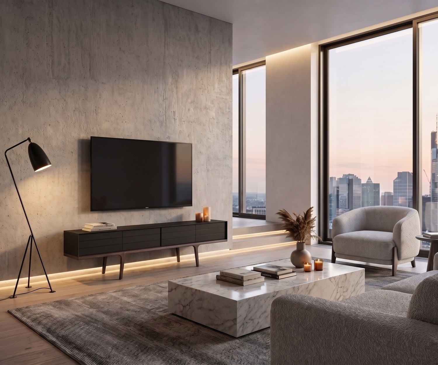 Meuble TV bas al2 Mobius 004 dans un salon moderne, console média sombre sous l'écran, mur en béton gris.