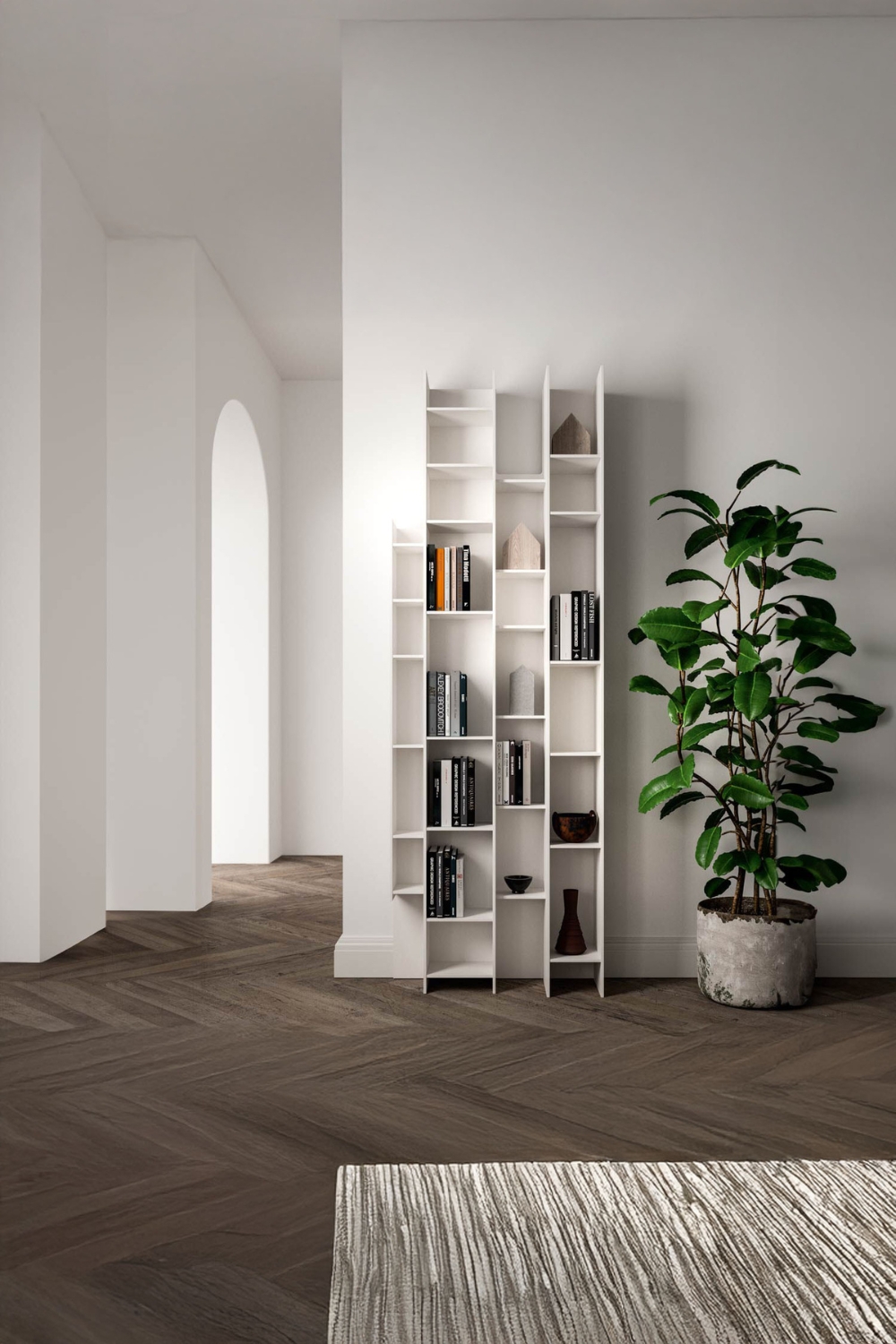 espace-minimaliste-avec-&eacute;tag&egrave;re-au-design-cr&eacute;atif-et-grande-plante-verte-en-pot