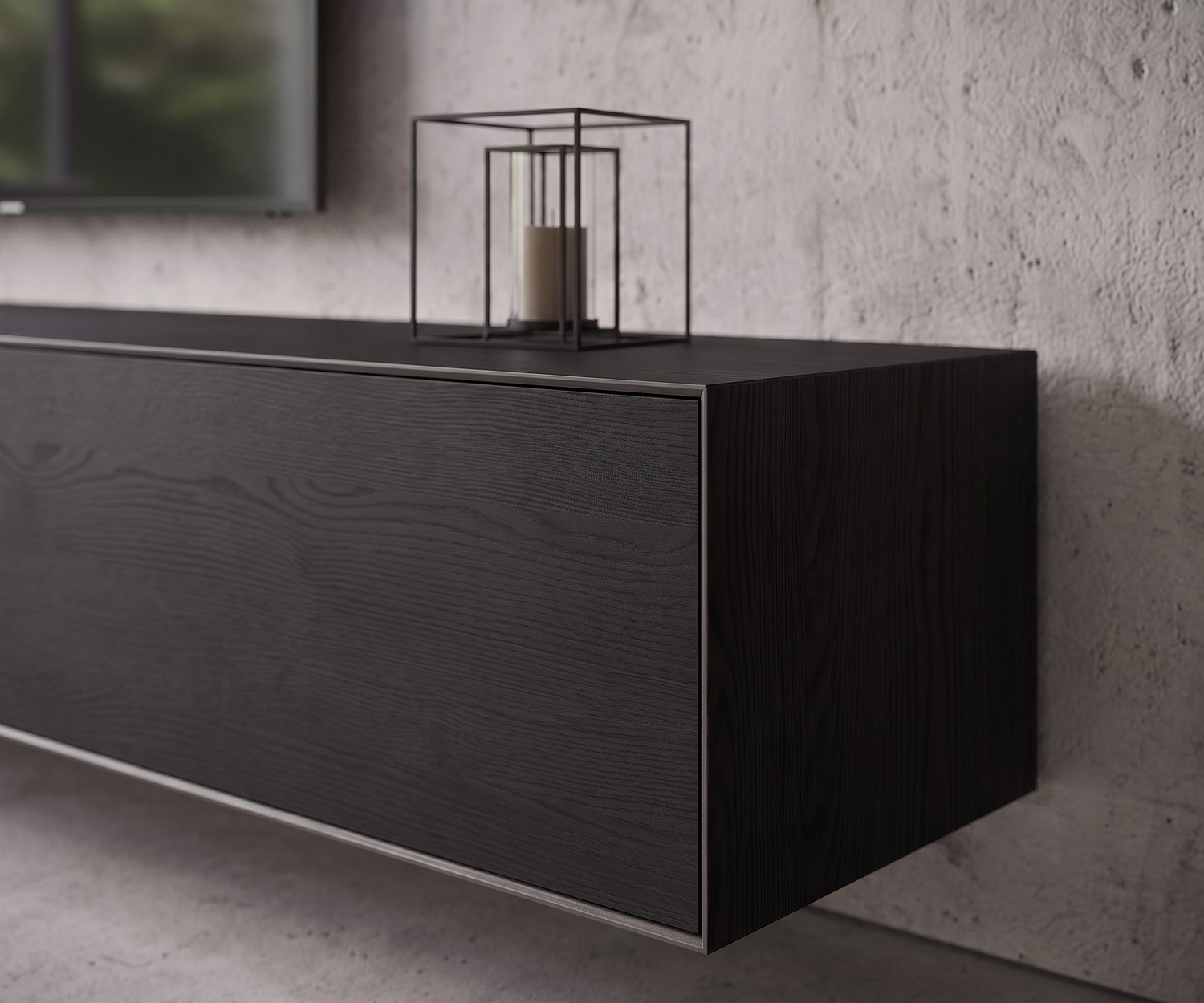 Meuble TV suspendu Minimal en chêne foncé Meuble TV suspendu Livitalia Minimal en chêne foncé pour un salon moderne au style industriel.