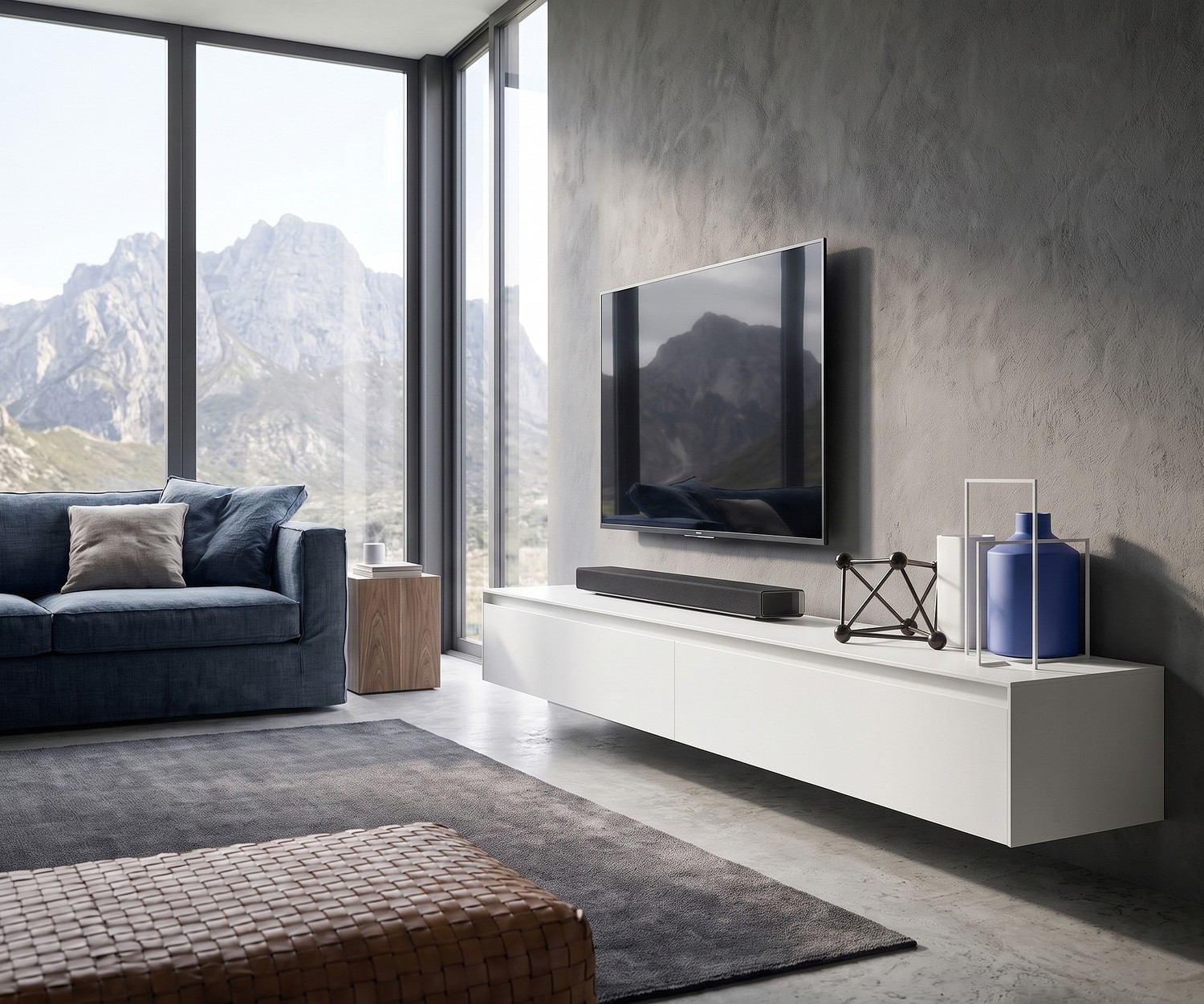Meuble TV suspendu Reverse Meuble TV suspendu Reverse par Novamobili dans un salon moderne avec mur en béton
