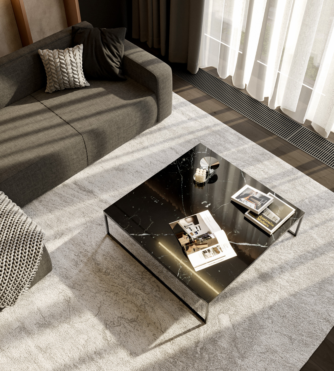 Table basse moderne carrée plateau de table marbre foncé métal piétement à patins laqué Table basse moderne carrée plateau de table marbre foncé métal piétement à patins laqué