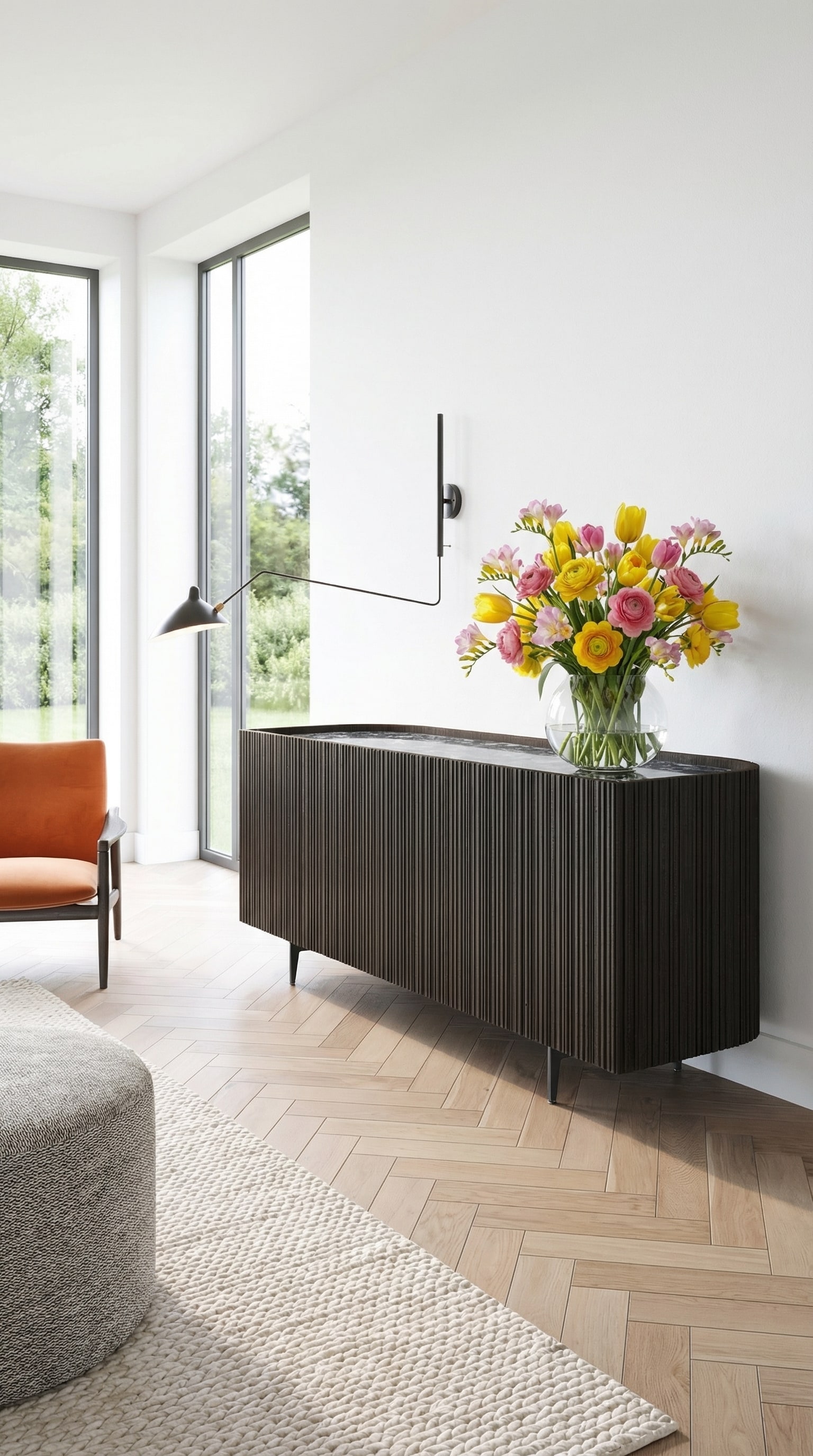 Sideboard sombre et élégant aux coins arrondis, décoré d'un vase printanier coloré. Sideboard sombre et élégant aux coins arrondis, décoré d'un vase printanier coloré.