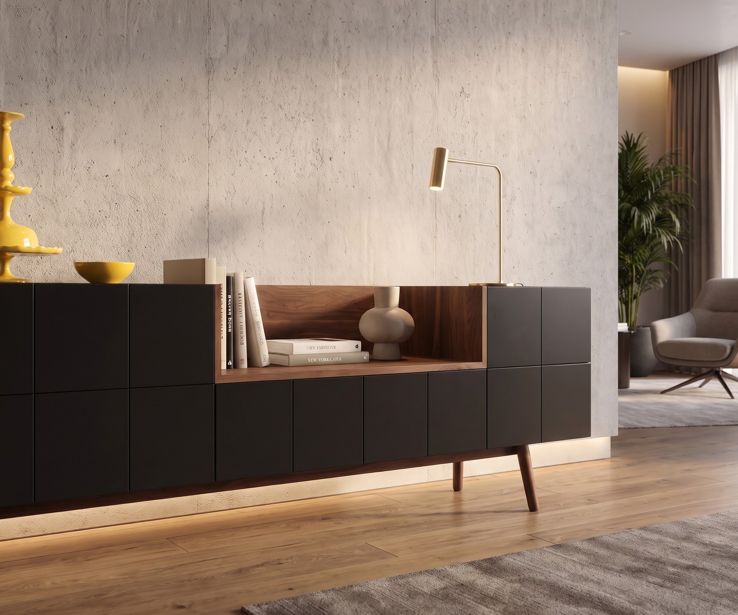 Buffet design rétro al2 MOS-I-KO 003 A Buffet al2 MOS-I-KO 003 A dans un salon, en laque mate noire et bois au style rétro moderne avec des niches ouvertes.