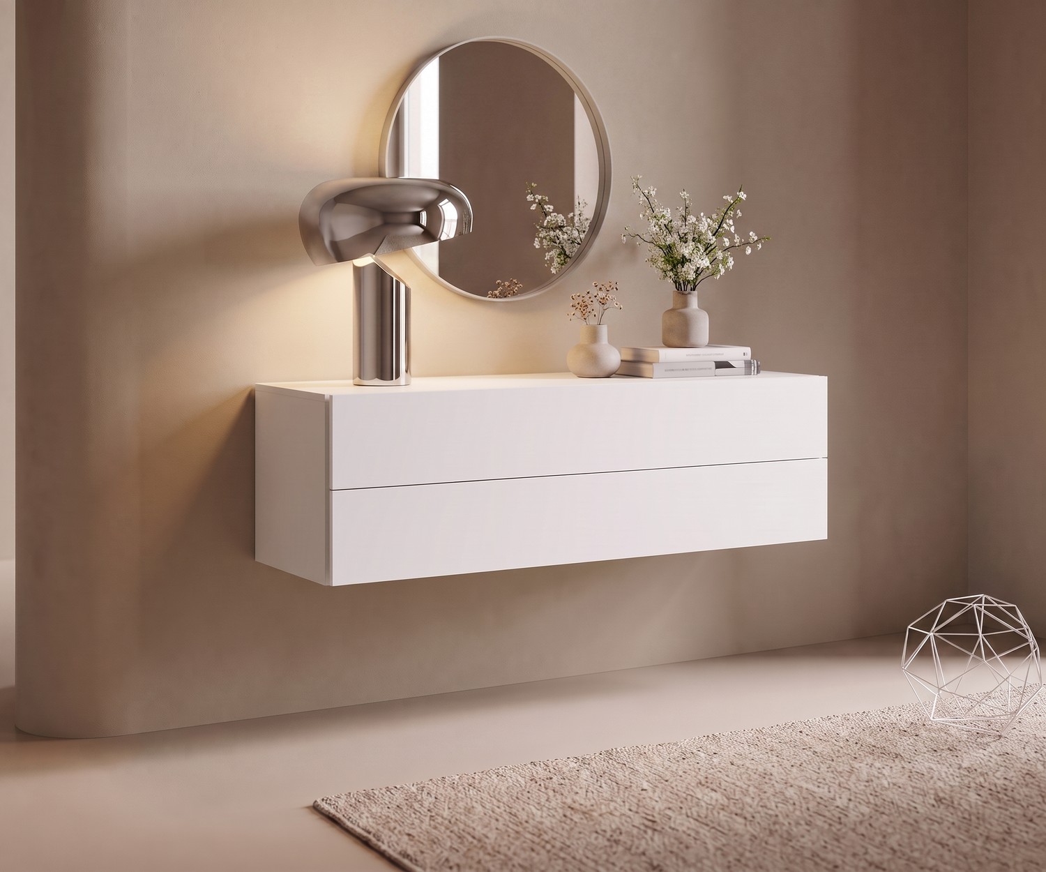 Commode suspendue Novamobili Easy Commode suspendue Novamobili Easy à 2 tiroirs dans une entrée avec miroir rond, lampe design et déco épurée.