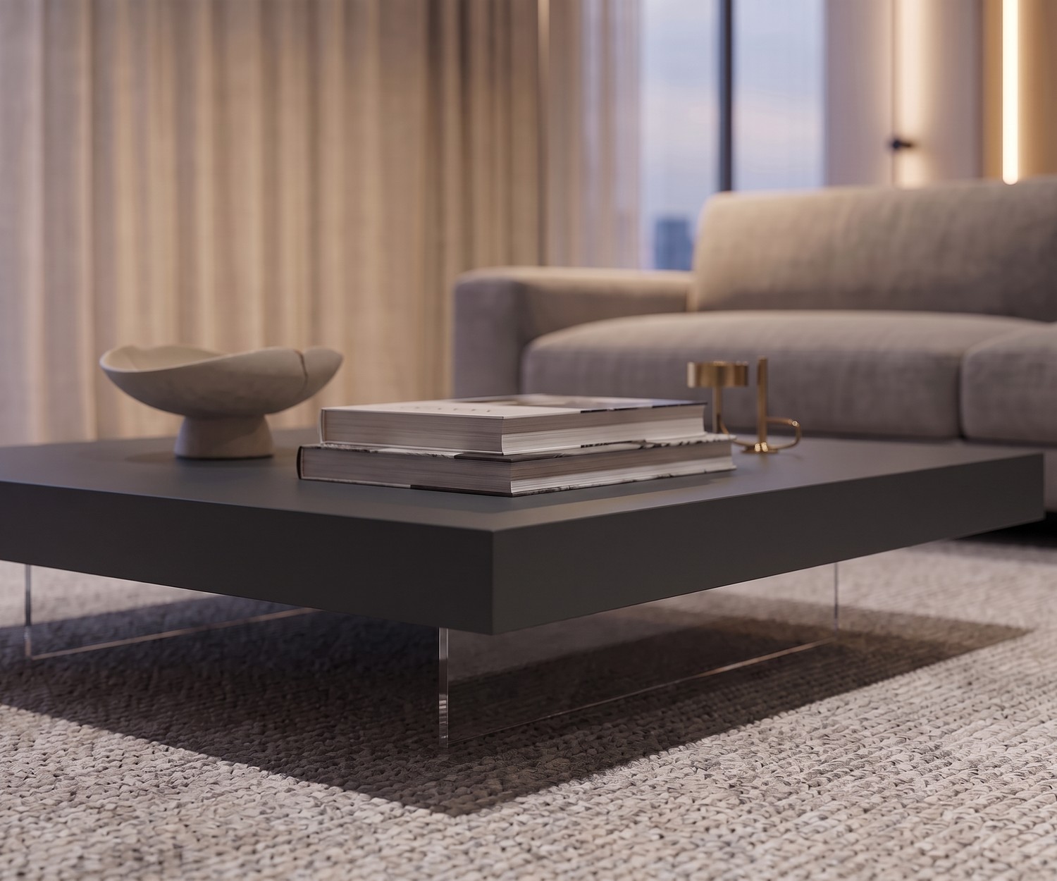 Table basse moderne Livitalia Low gris anthracite Table basse moderne Livitalia Low gris anthracite avec pieds transparents pour un salon élégant.