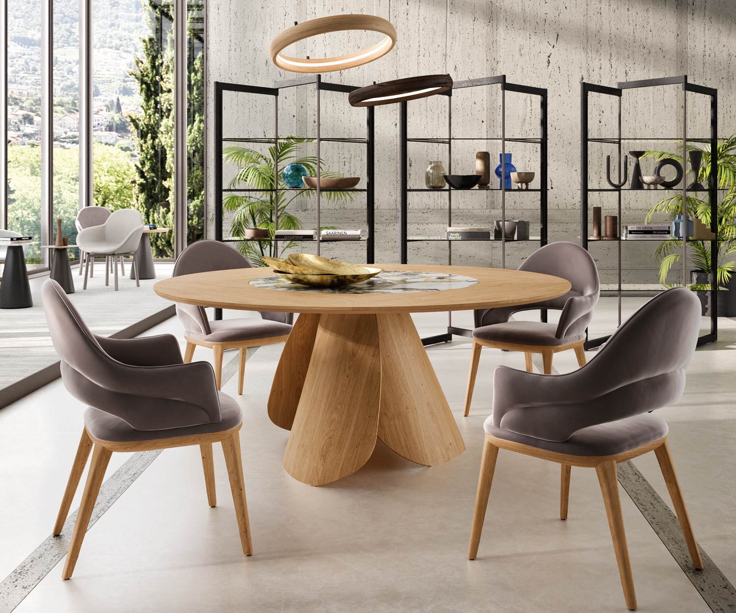 Ozzio Veliero T314 Table de salle à manger ronde design Chêne Carbone Emperador Ozzio Veliero T314 Table de salle à manger ronde design Chêne Carbone Emperador