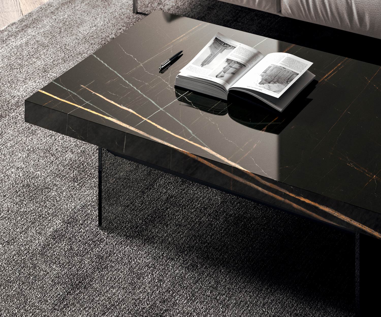 Détail du plateau de table Noir brillant Marbre Verre de Ozzio Table basse Bellagio Détail du plateau de table Noir brillant Marbre Verre de Ozzio Table basse Bellagio