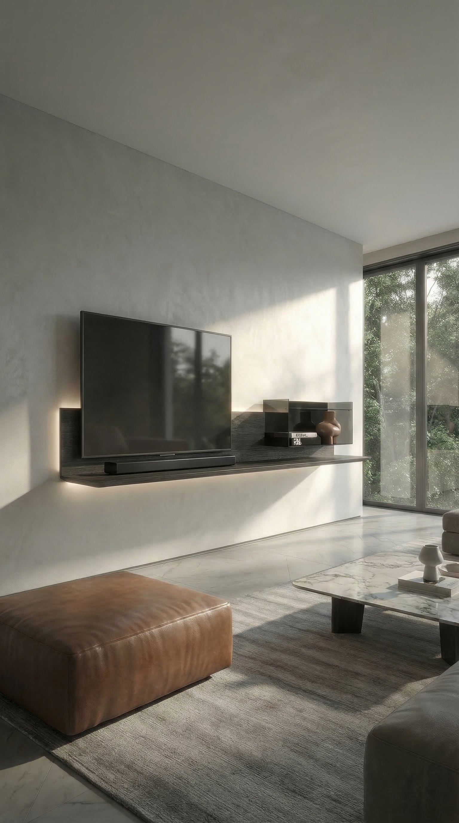 Un meuble TV mural suspendu et sombre en ch&ecirc;ne Carbone dans un salon lumineux et moderne avec de grandes baies vitr&eacute;es.