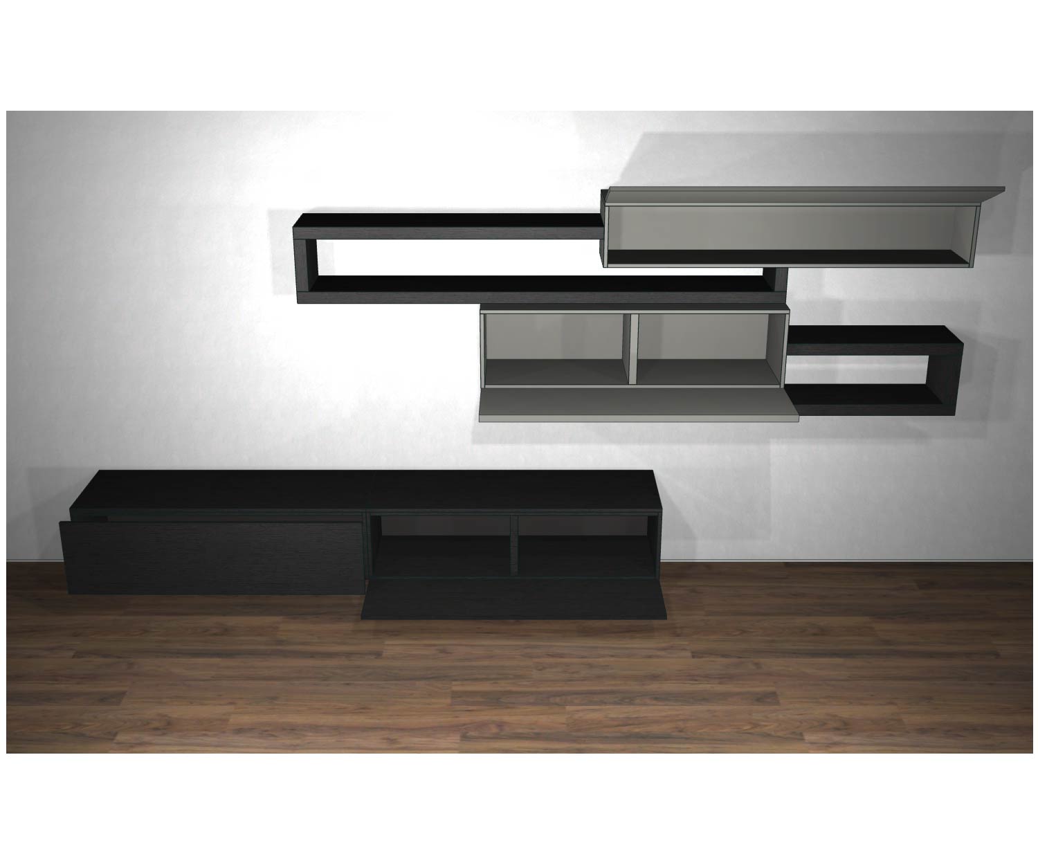 Livitalia Meuble-paroi design de haute qualité C27 Esquisse de la disposition avec portes ouvertes Livitalia Meuble-paroi design de haute qualité C27 Esquisse de la disposition avec portes ouvertes