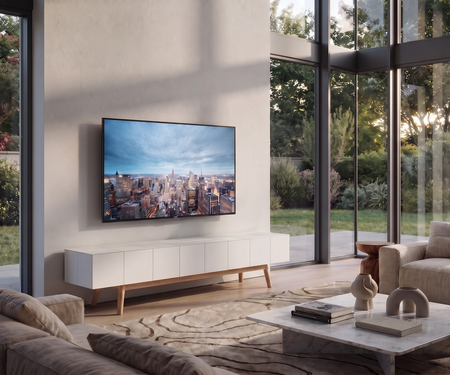 Meuble TV bas MOS-I-KO 005 B dans un salon moderne, blanc laqué mat avec pieds en bois massif.