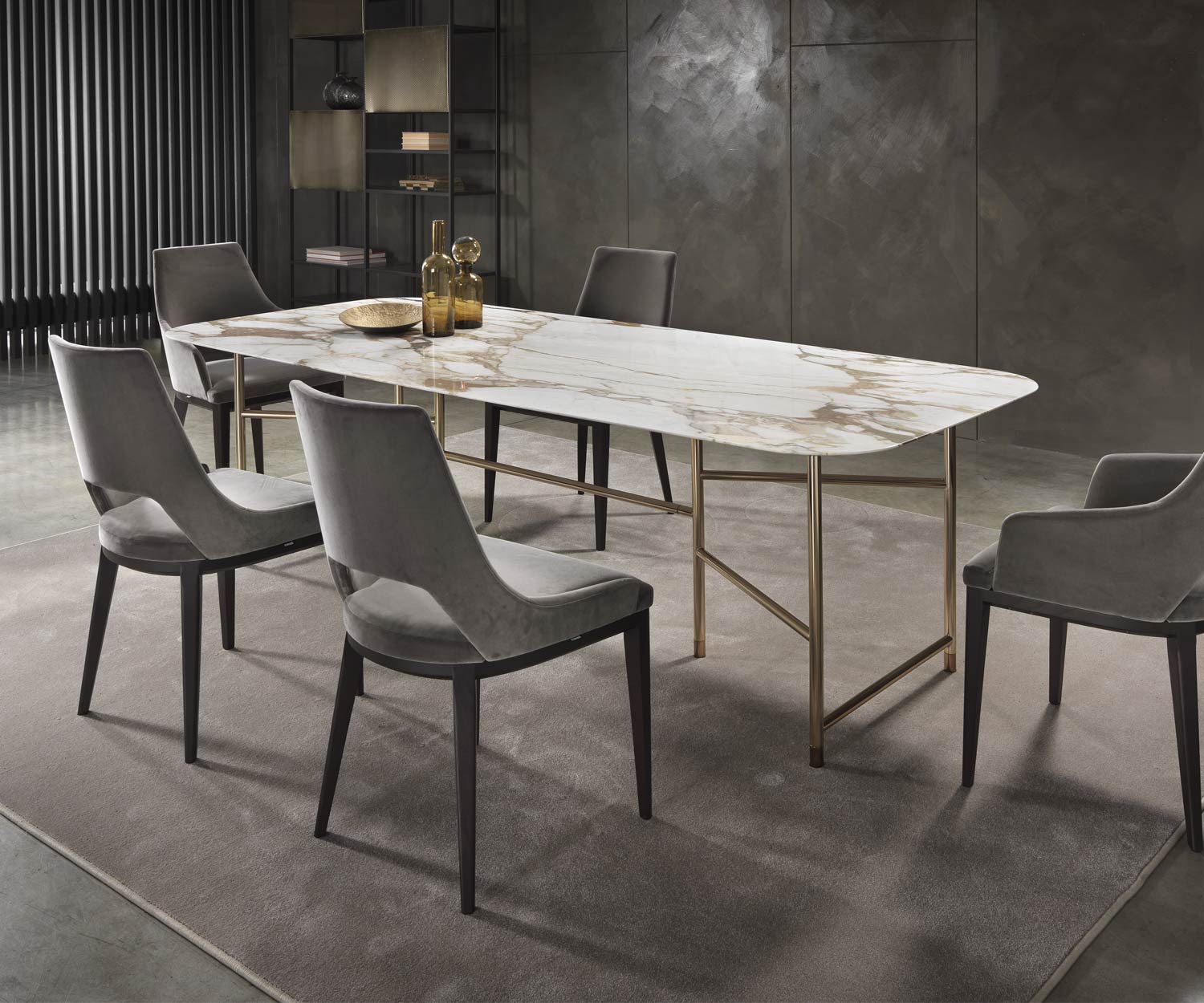 Noble Marelli Kyoto Design table à manger Calacatta marbre plateau de table vue panoramique Noble Marelli Kyoto Design table à manger Calacatta marbre plateau de table vue panoramique