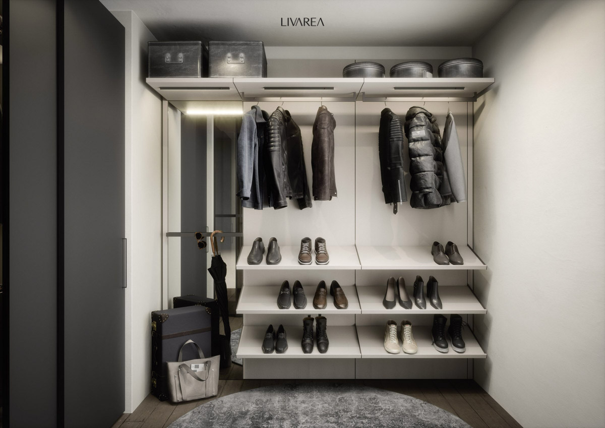Petit dressing avec armoire sur mesure avec miroir, porte-chaussures et tringles à vêtements dans une laque blanche. Petit dressing avec armoire sur mesure avec miroir, porte-chaussures et tringles à vêtements dans une laque blanche.
