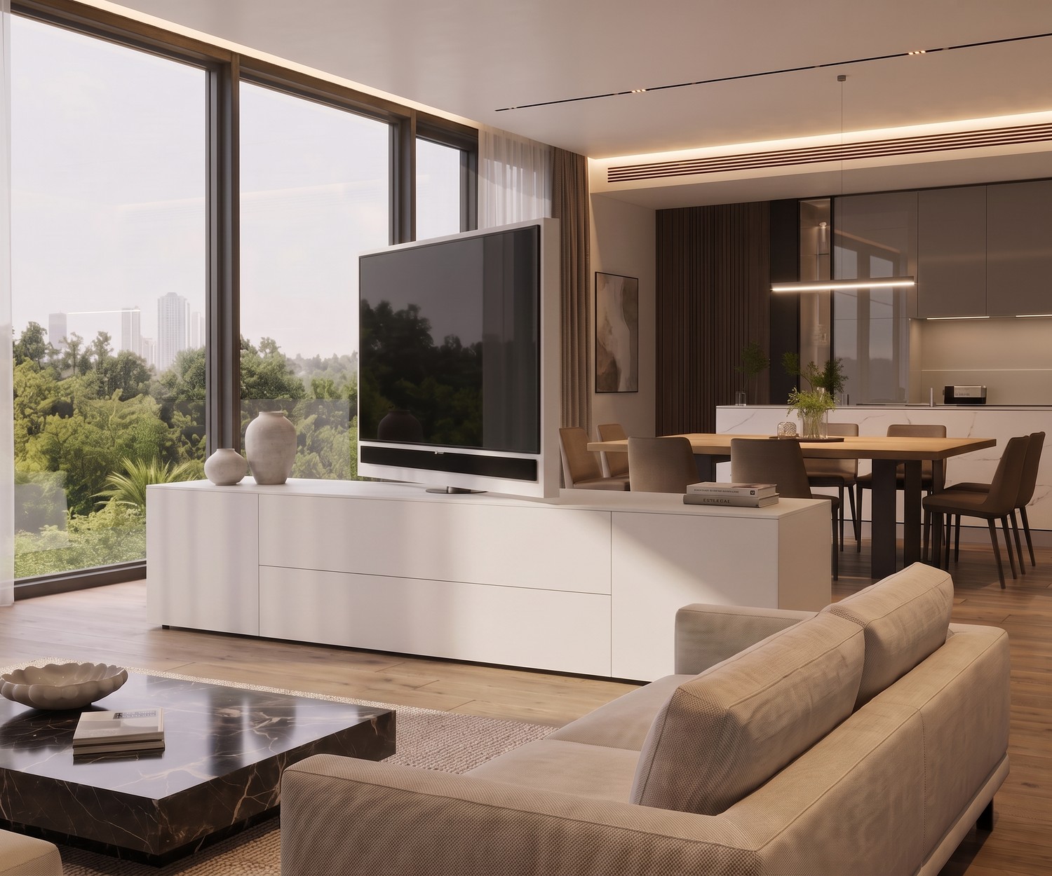 Buffet séparateur de pièce Livitalia Roto avec panneau TV rotatif blanc mat dans un salon moderne.