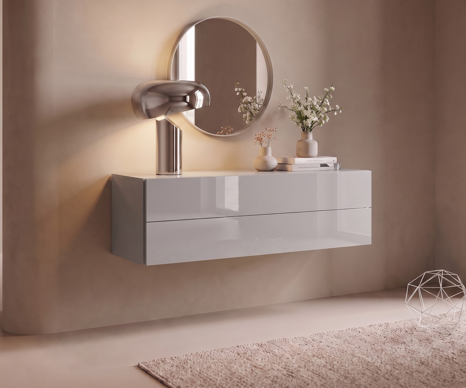 Commode suspendue Easy de Novamobili pour l'entrée en gris clair, meuble de rangement mural moderne et minimaliste.