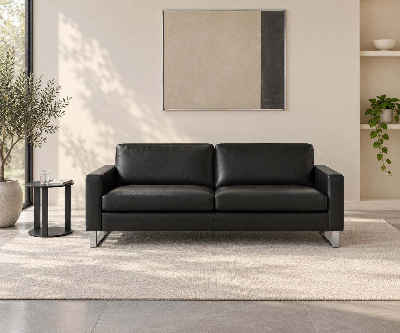 Livitalia Canapé Vinaro, 206 × 91 cm, Seminole 04 Noir, cuir véritable, piètement chromé – Vue de face sans table basse Livitalia Canapé Vinaro, 206 × 91 cm, Seminole 04 Noir, cuir véritable, piètement chromé – Vue de face sans table basse